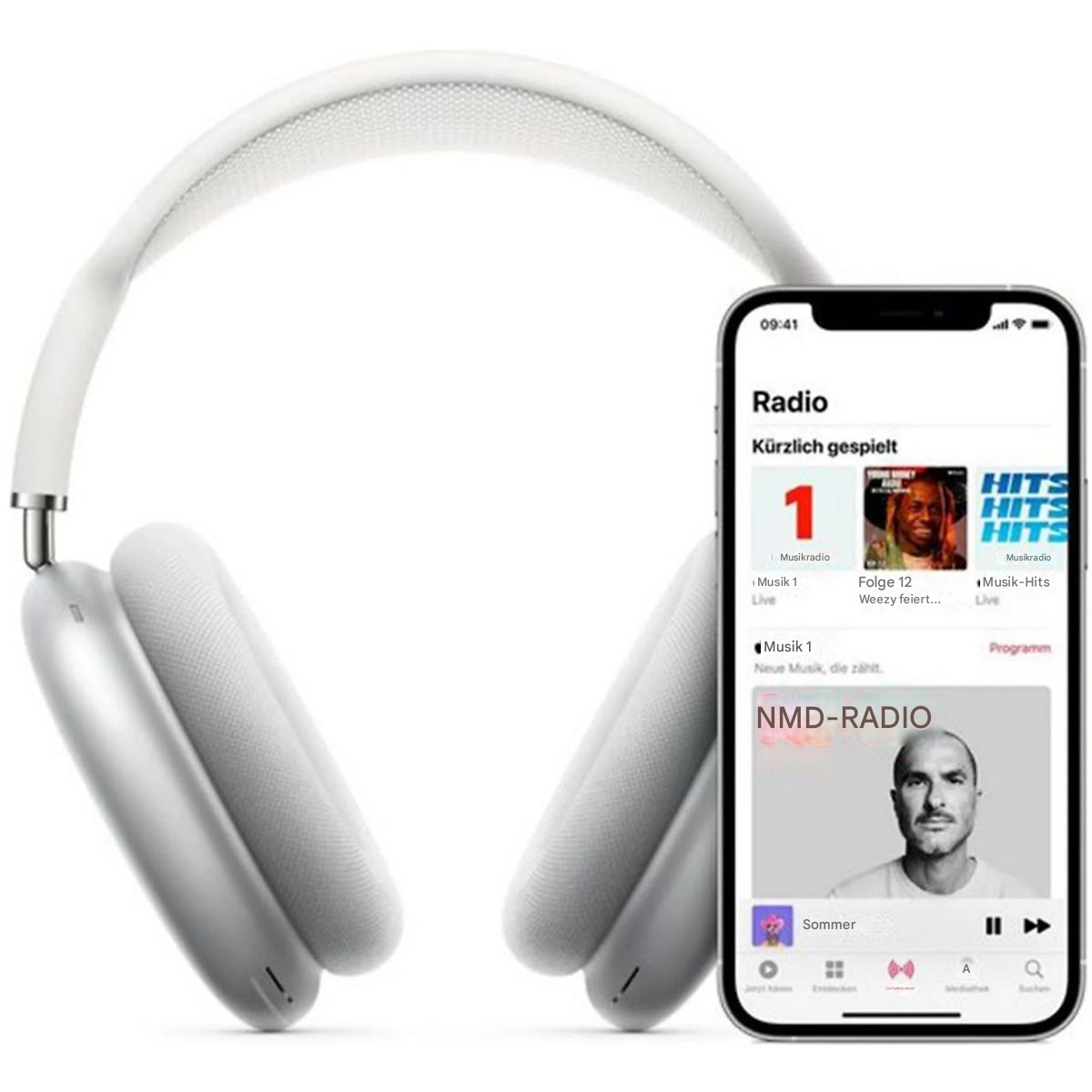 Ein weißer Kopfhörer und ein Smartphone, das eine Radio-App-Oberfläche anzeigt.