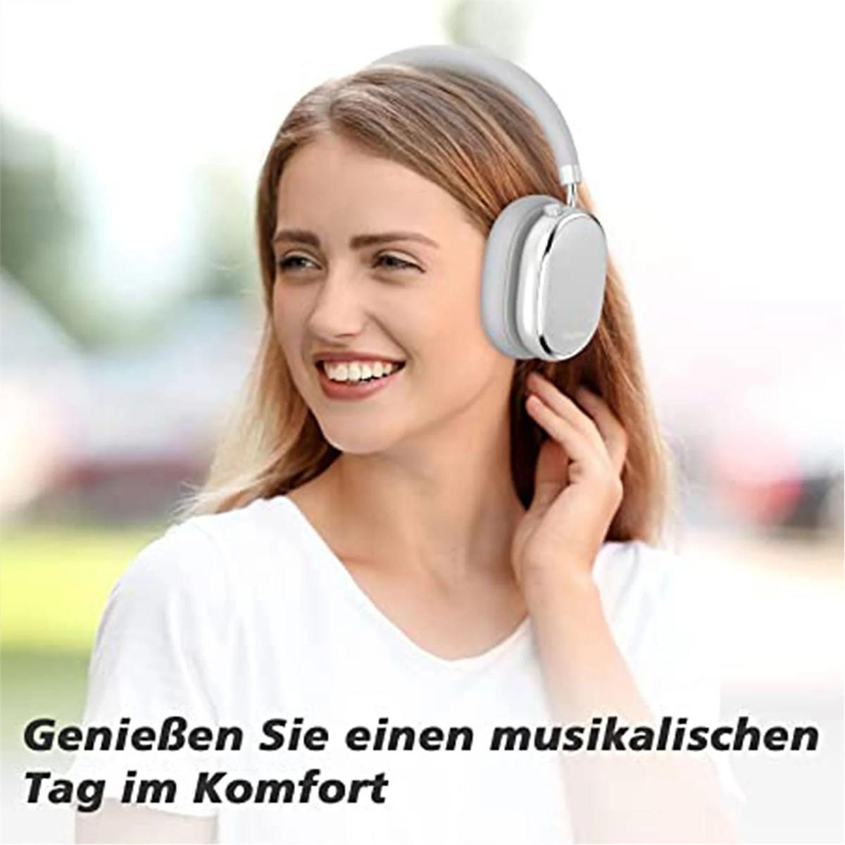 Frau mit grauen Kopfhörern lächelt. Text: Genieße einen musikalischen Tag im Komfort.