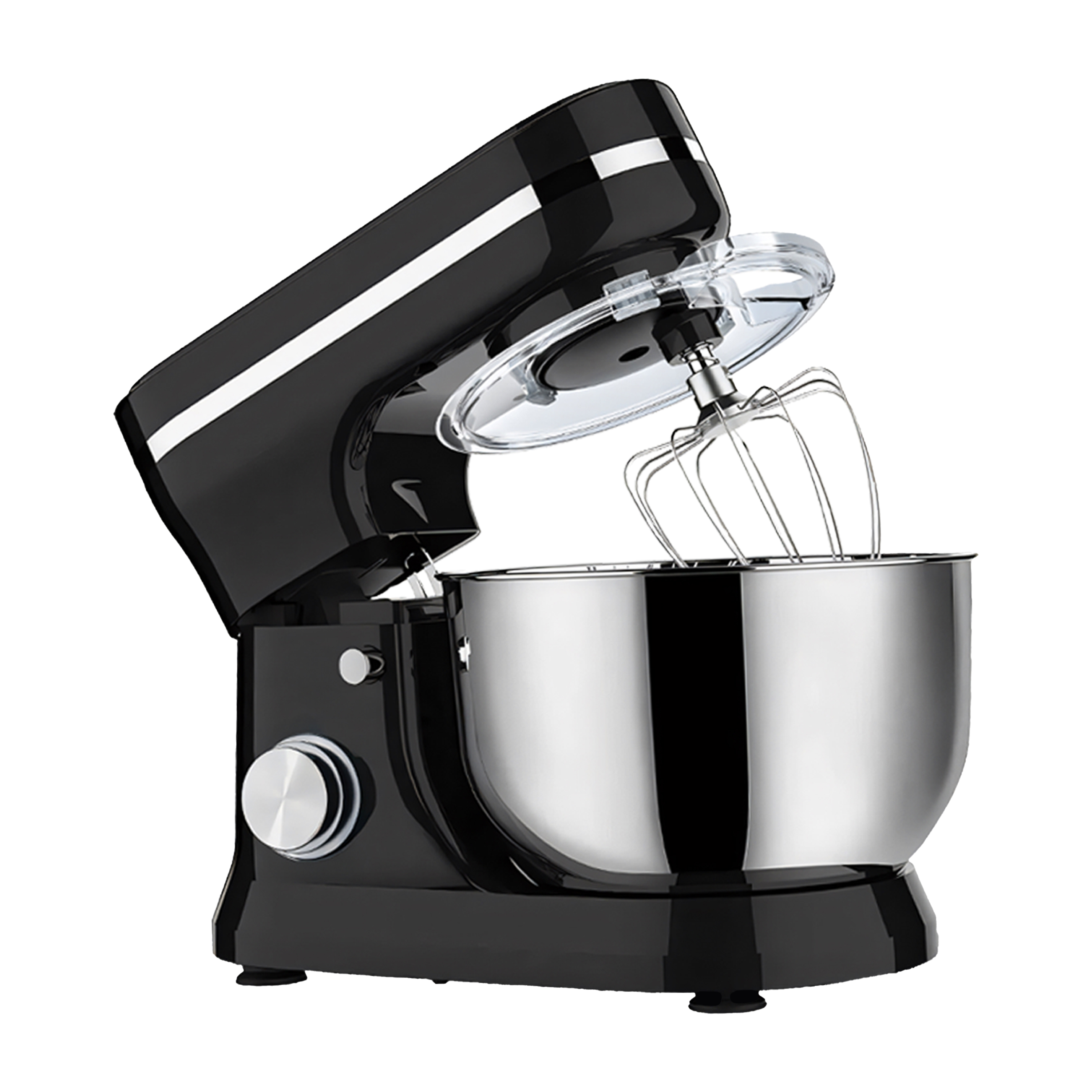 Ein schwarzer Küchenmixer mit einer Edelstahlschüssel und einem durchsichtigen Spritzschutz.