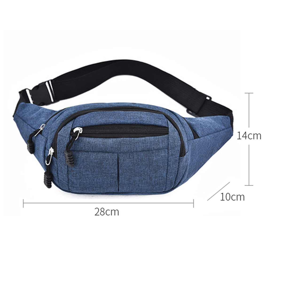 Blaue Bauchtasche. Maße sind angegeben. 28cm breit, 14cm hoch und 10cm tief.