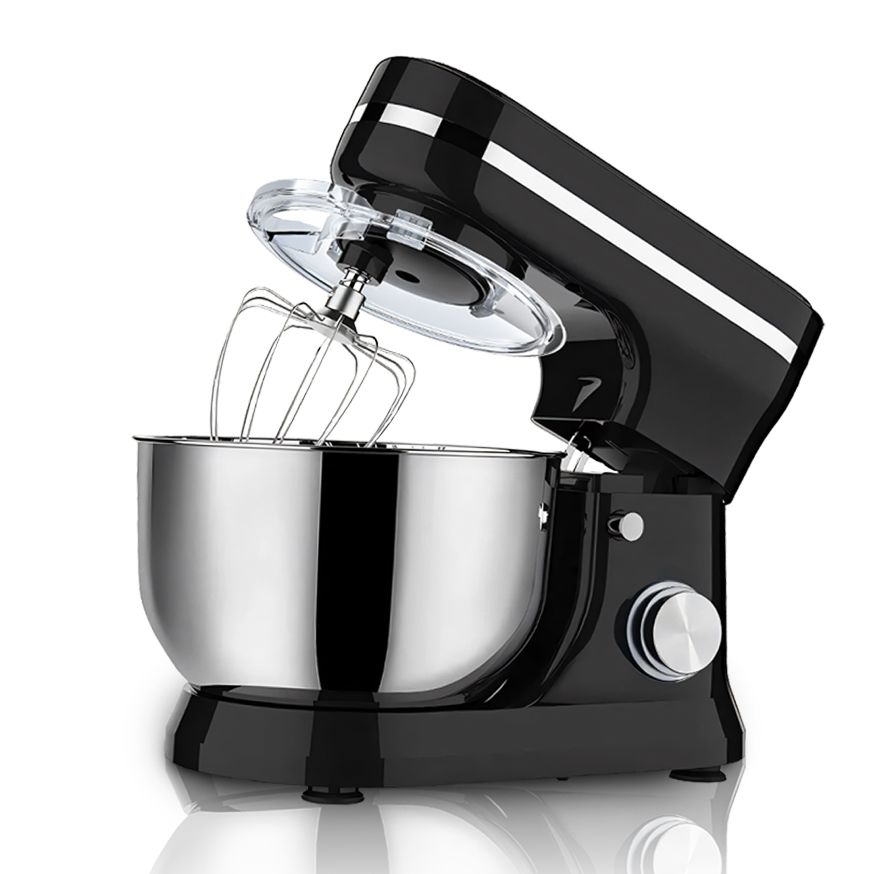 Schwarz-silberner Küchenmixer mit durchsichtigem Deckel, der Schüssel des Mixers und einem Schneebesenaufsatz.
