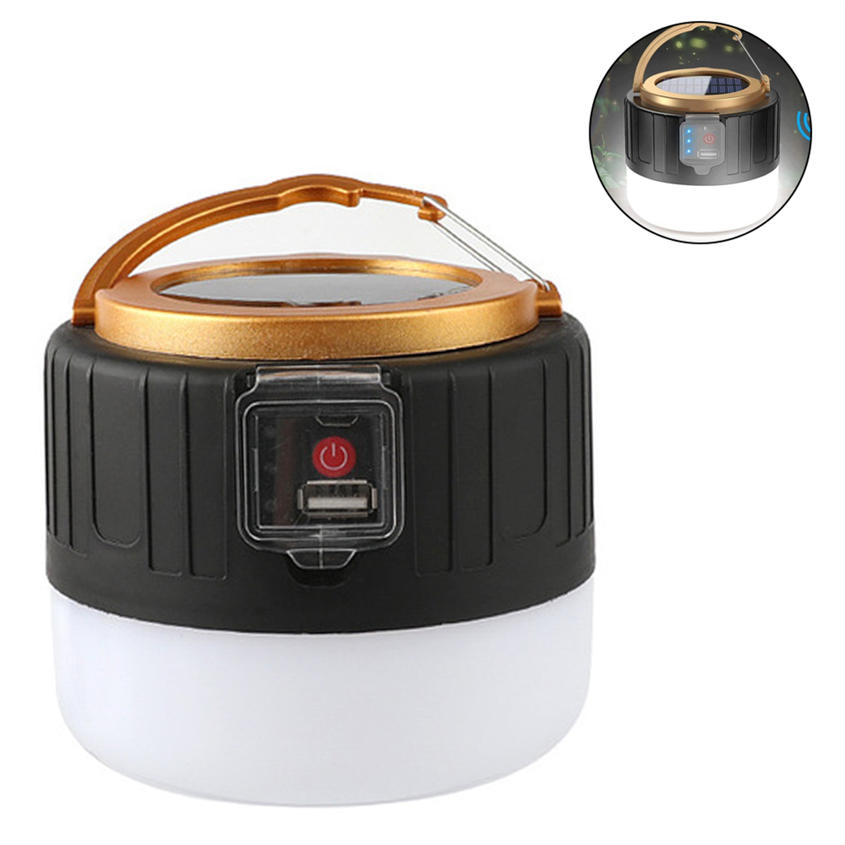 Schwarze und goldene Laterne mit Solarpanel. Die Laterne hat einen Griff und einen USB-Anschluss.