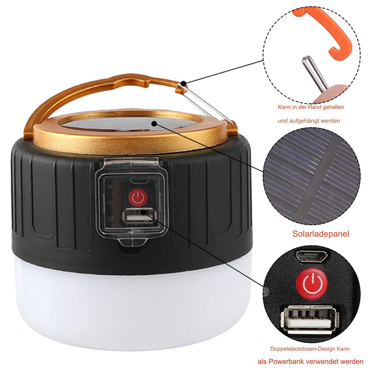 Schwarz-goldene Lampe mit Solarpanel, USB-Anschlüssen und Haken.