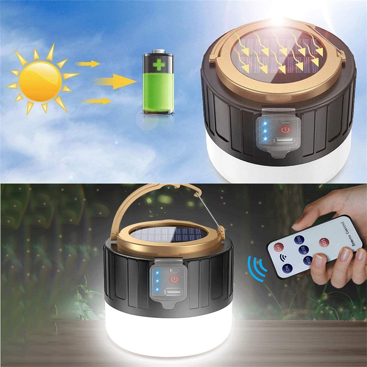 Solarbetriebene Laterne mit Fernbedienung und Grafik von Sonne und Batterie.