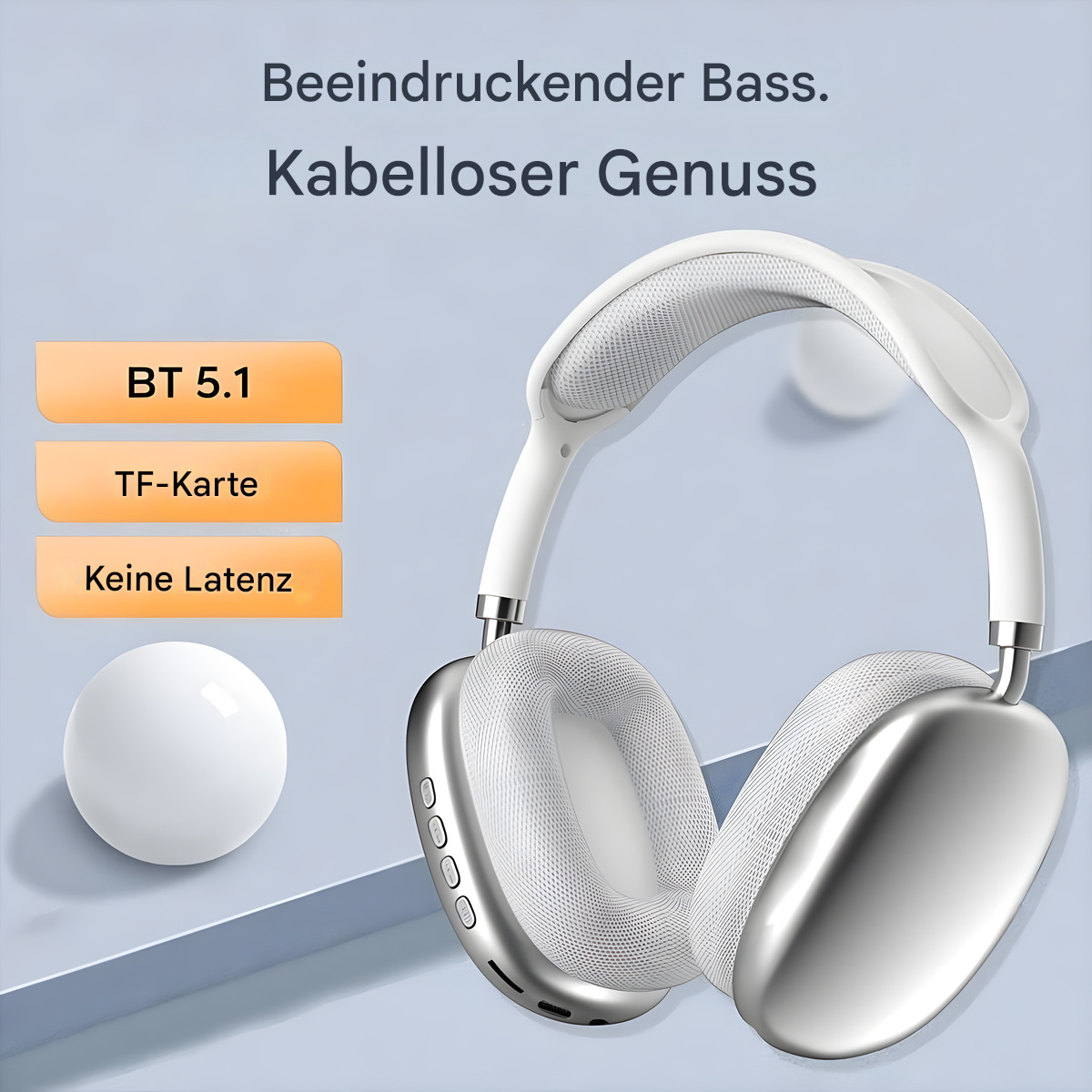 Weiße Kopfhörer mit silbernen Akzenten. Text-Overlay zeigt die Funktionen.