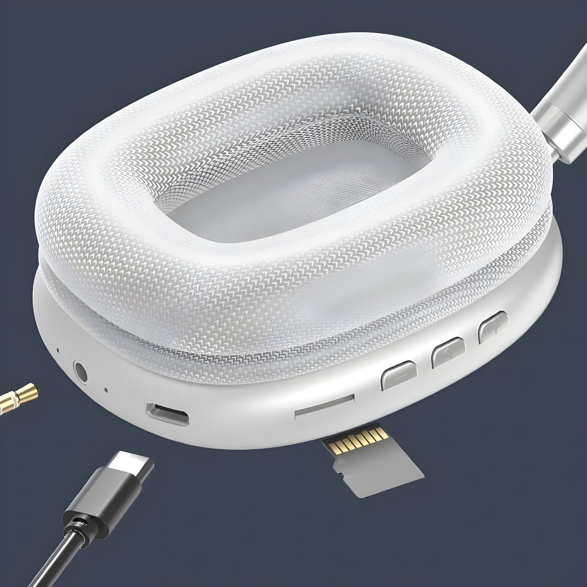 Weiße Kopfhörer mit Stecker und USB-C-Kabel, neben einer SD-Karte.