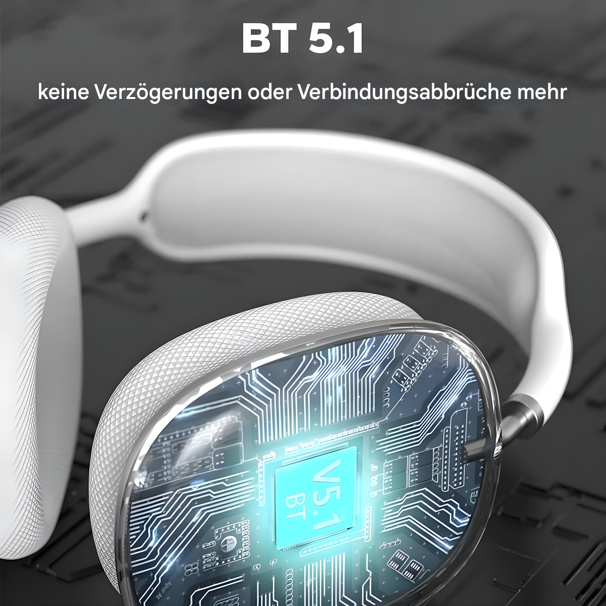 Weiße Kopfhörer mit Nahaufnahme der inneren Komponenten, die eine Platine zeigen, mit Text.