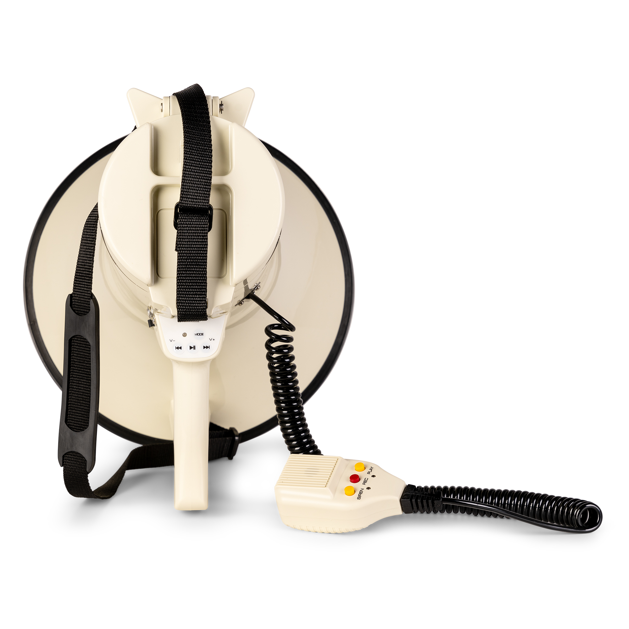 Witte megafoon met zwarte riem en microfoon. Bediening op de microfoon.