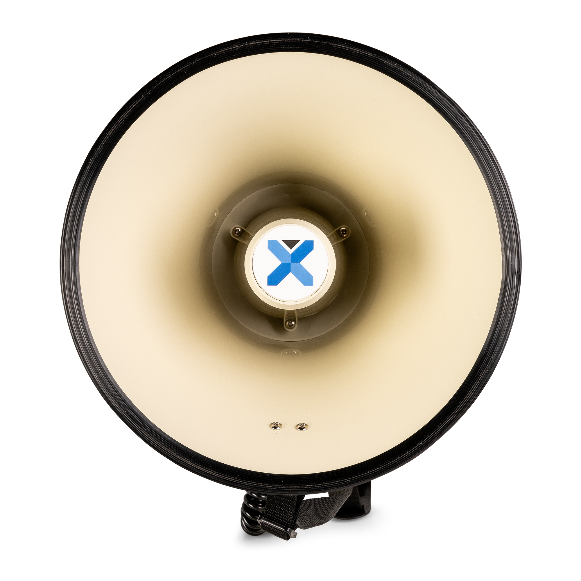 Een witte en zwarte megafoon, met een zwarte rand en een riem. Het blauwe X-logo is gecentreerd.