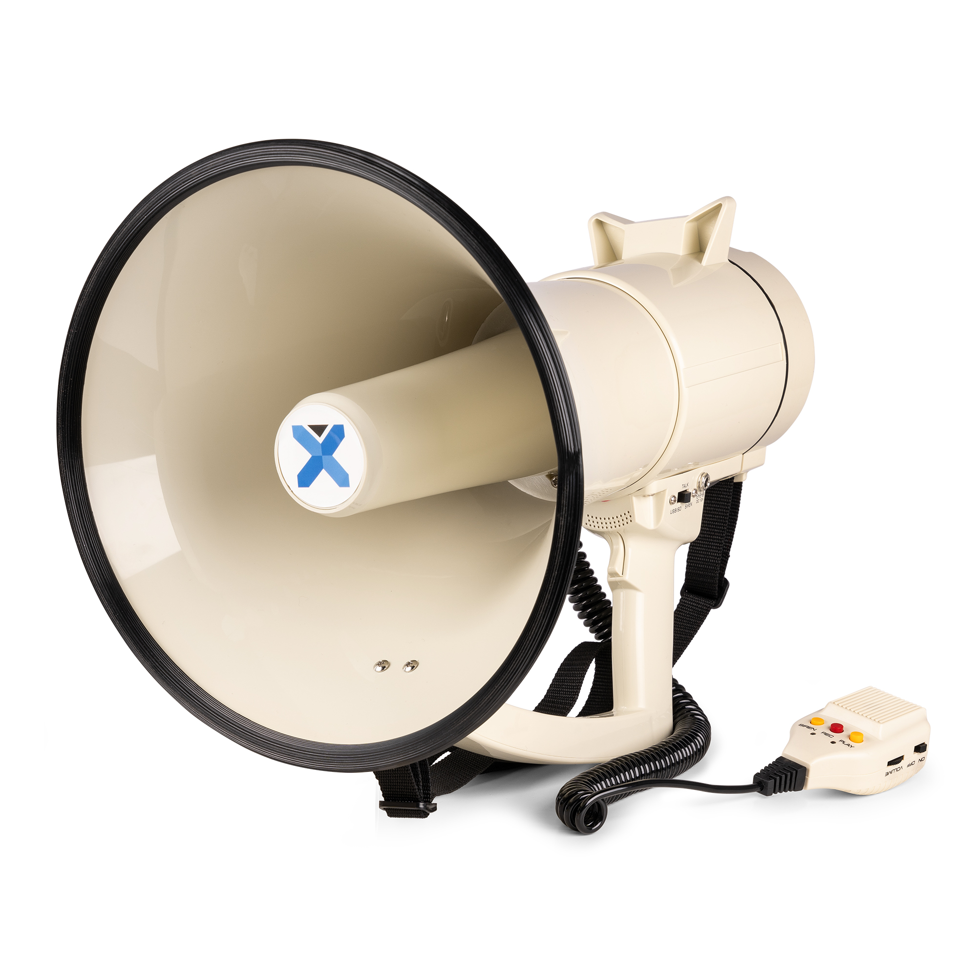 A large, cream-colored megaphone with a black rim, a microphone, and a shoulder strap. The background is white.