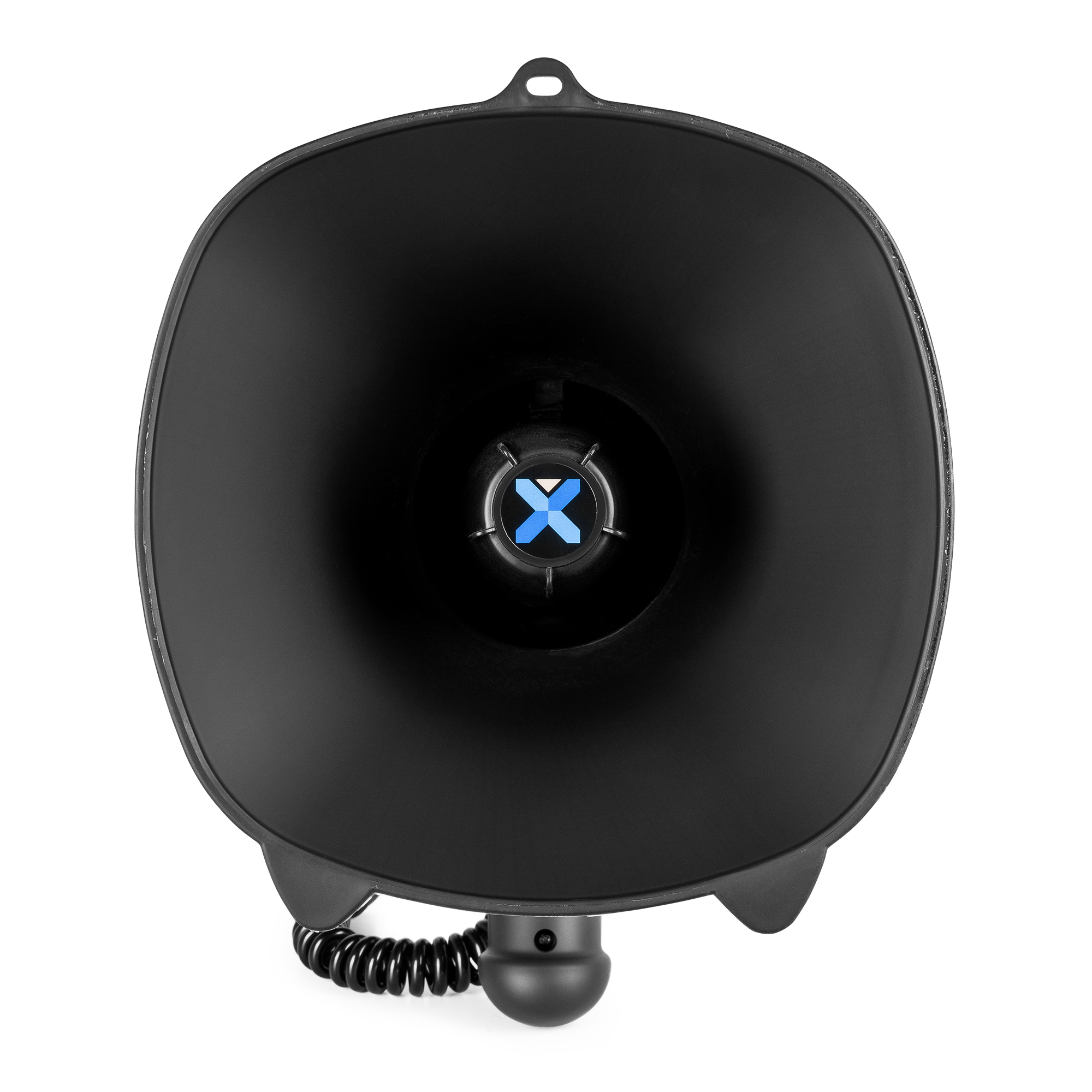 Zwarte megafoon met een blauw X-logo. Circulaire vorm.