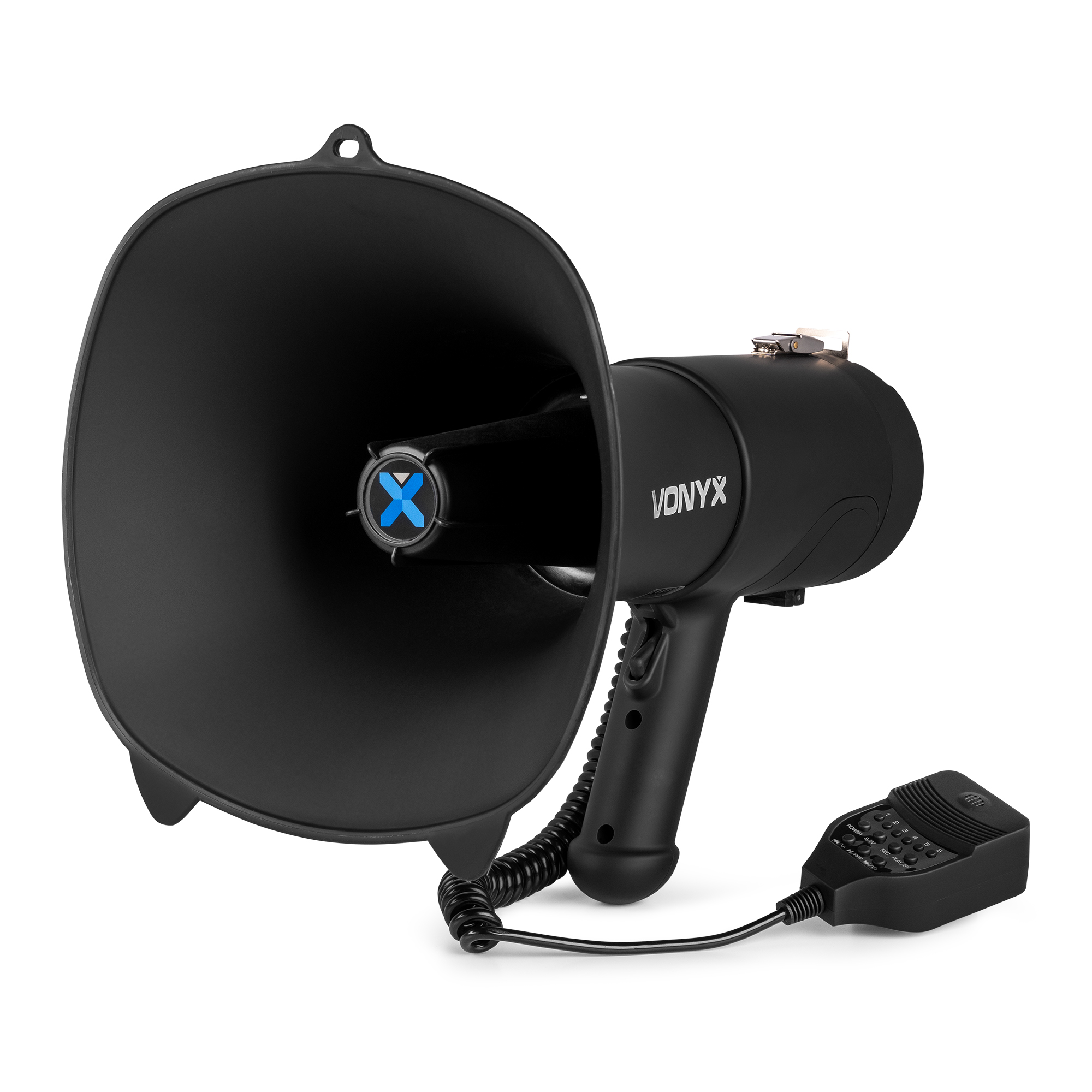 Black megaphone with a handle and a microphone. Blue X logo.