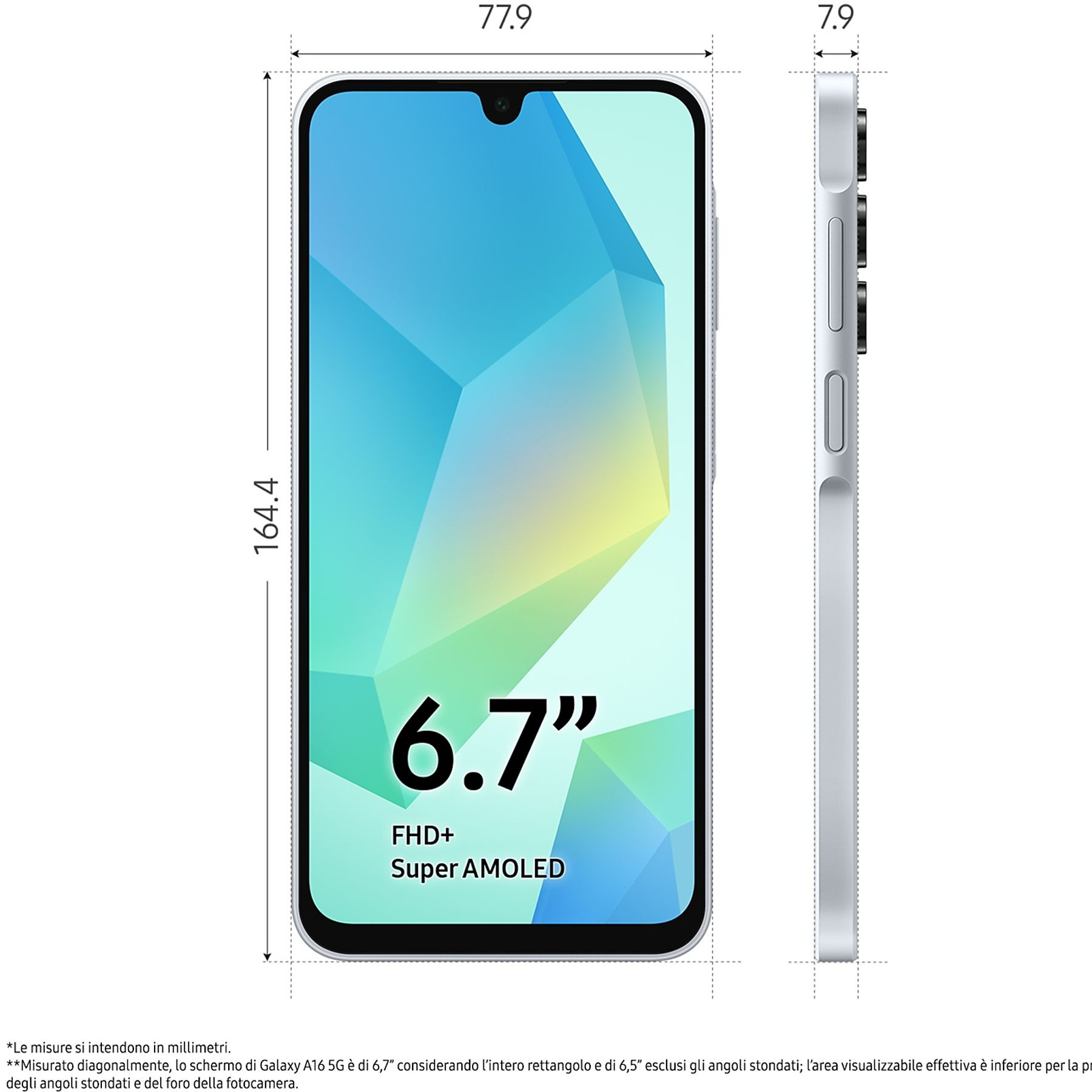 Srebrny smartfon z przodu i z boku, z wymiarami w milimetrach. Białe tło.