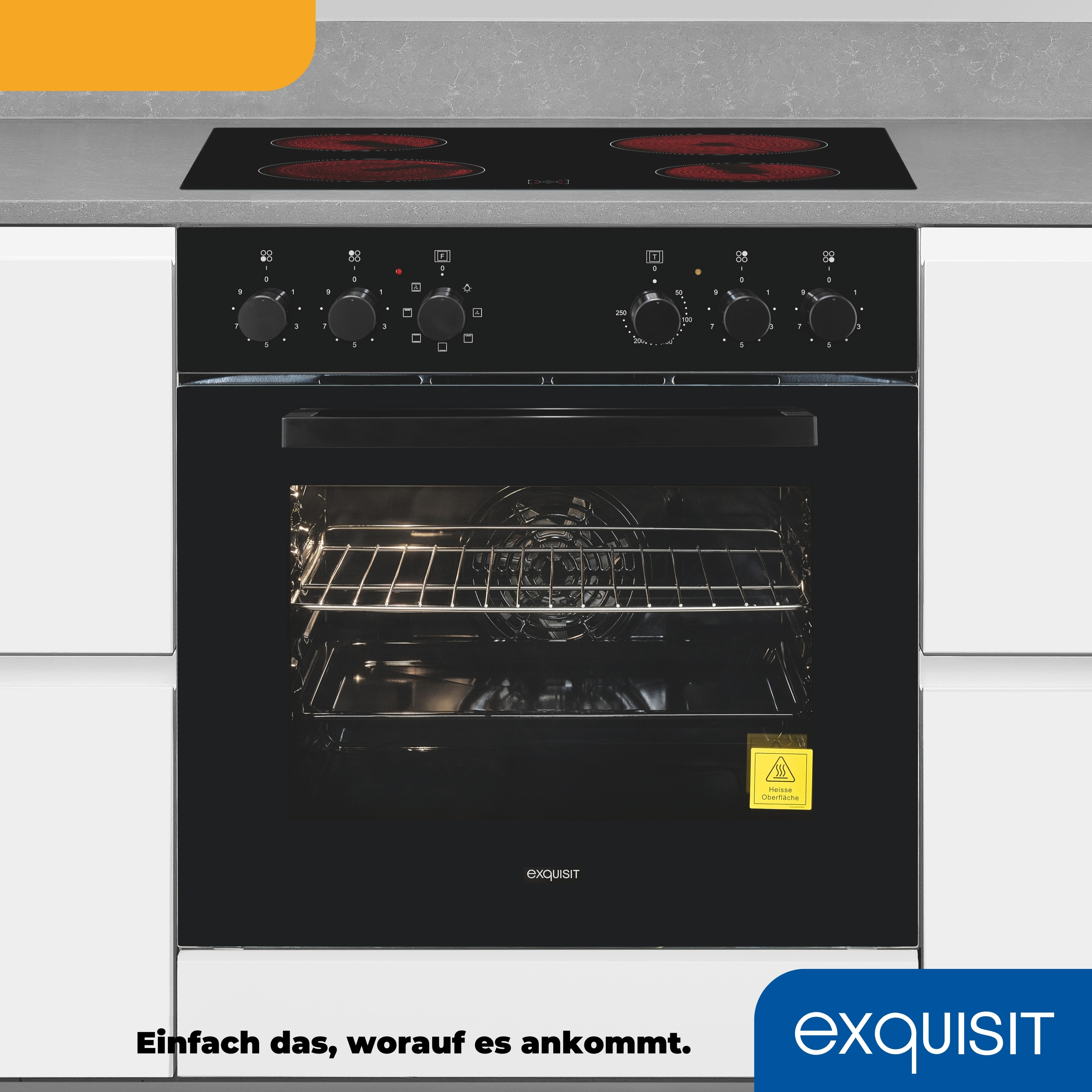Schwarzer Backofen, Glasklappe, Kochfeld mit vier Kochstellen. Knöpfe, Markenname 'exquisit' sichtbar.