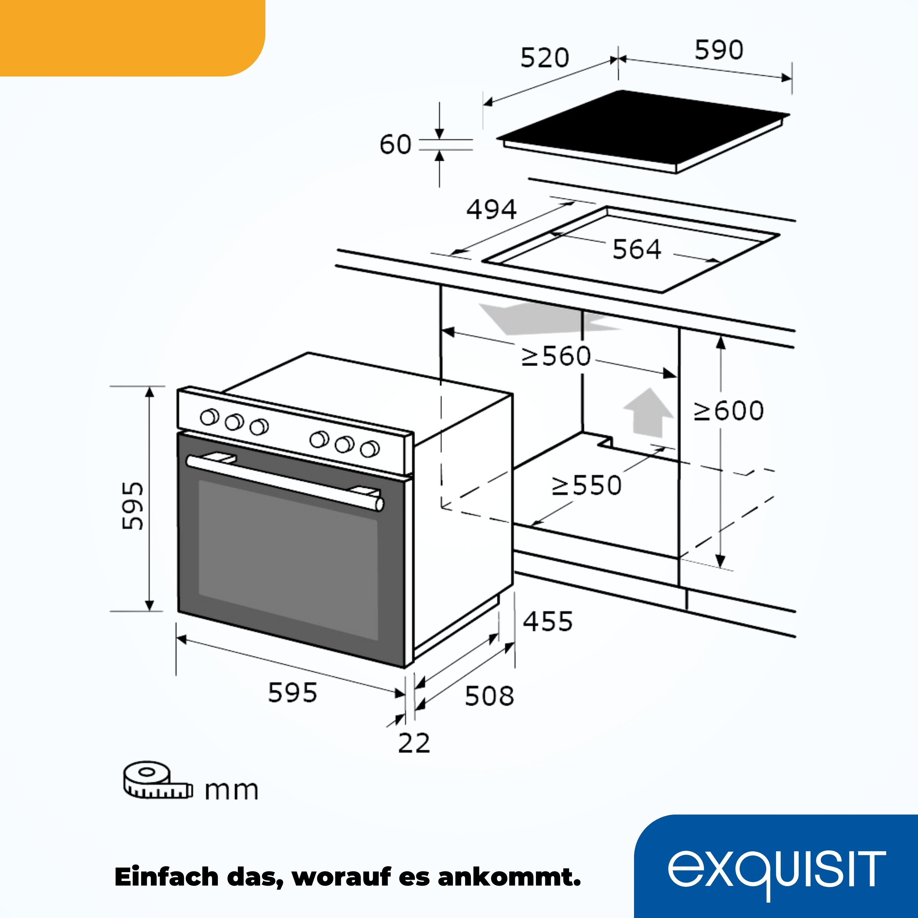 Diagramm einer Küche mit Maßen, das einen Ofen und ein Kochfeld zeigt.