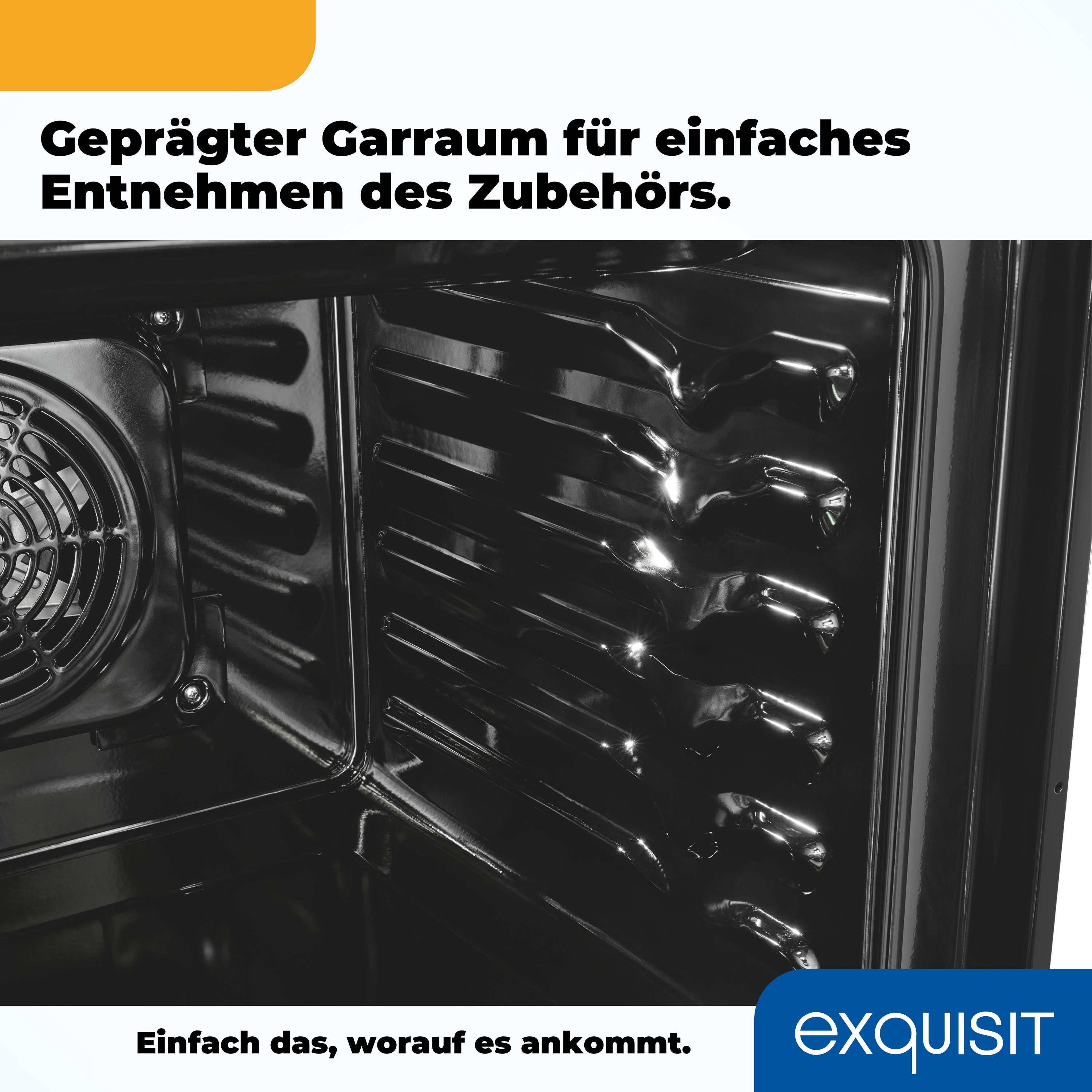 Backofeninnenraum mit Lüfter und Rosten, schwarz, mit Text auf Deutsch und Logo.