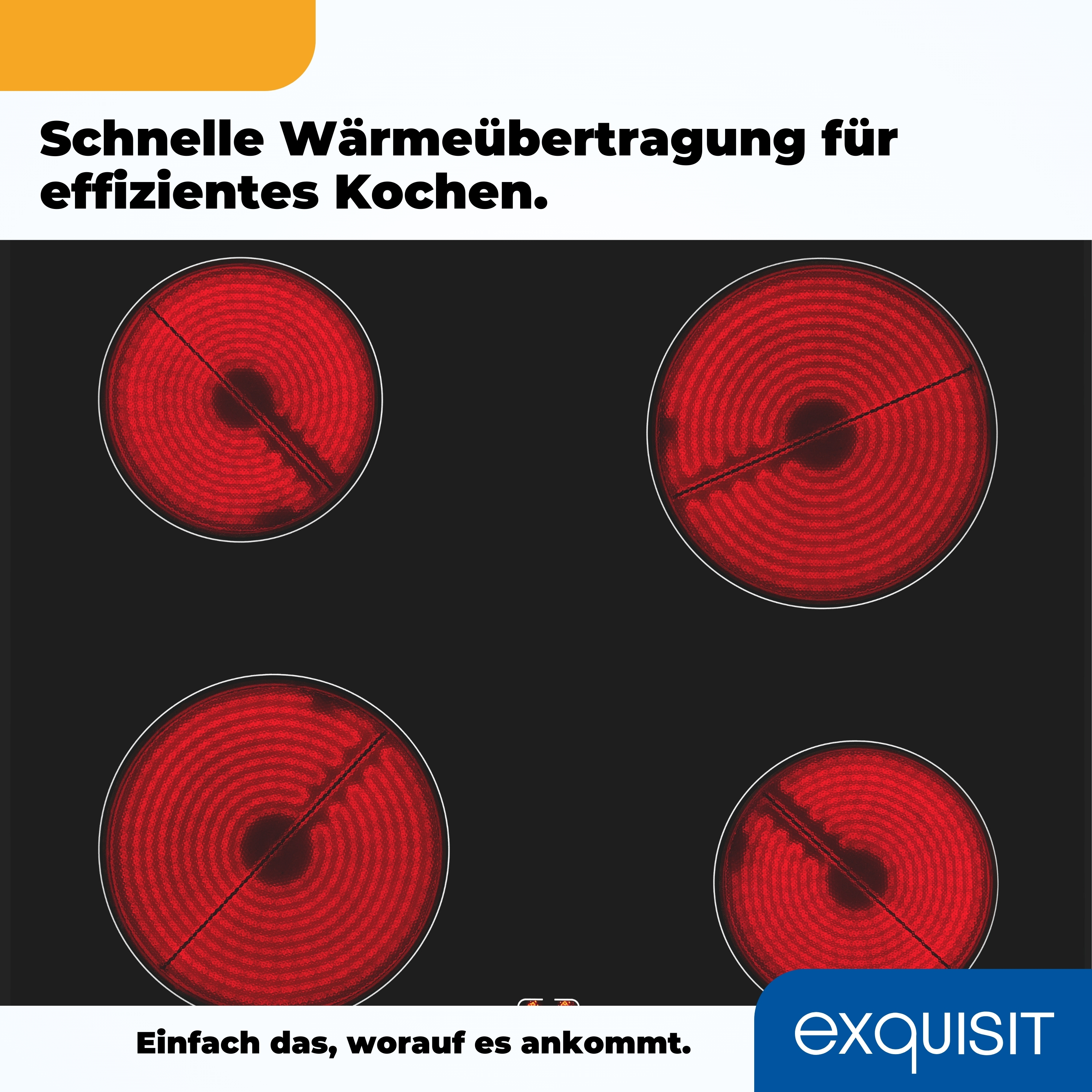 Schwarzes Kochfeld mit vier roten Heizelementen, mit weißem Markenlogo unten rechts.
