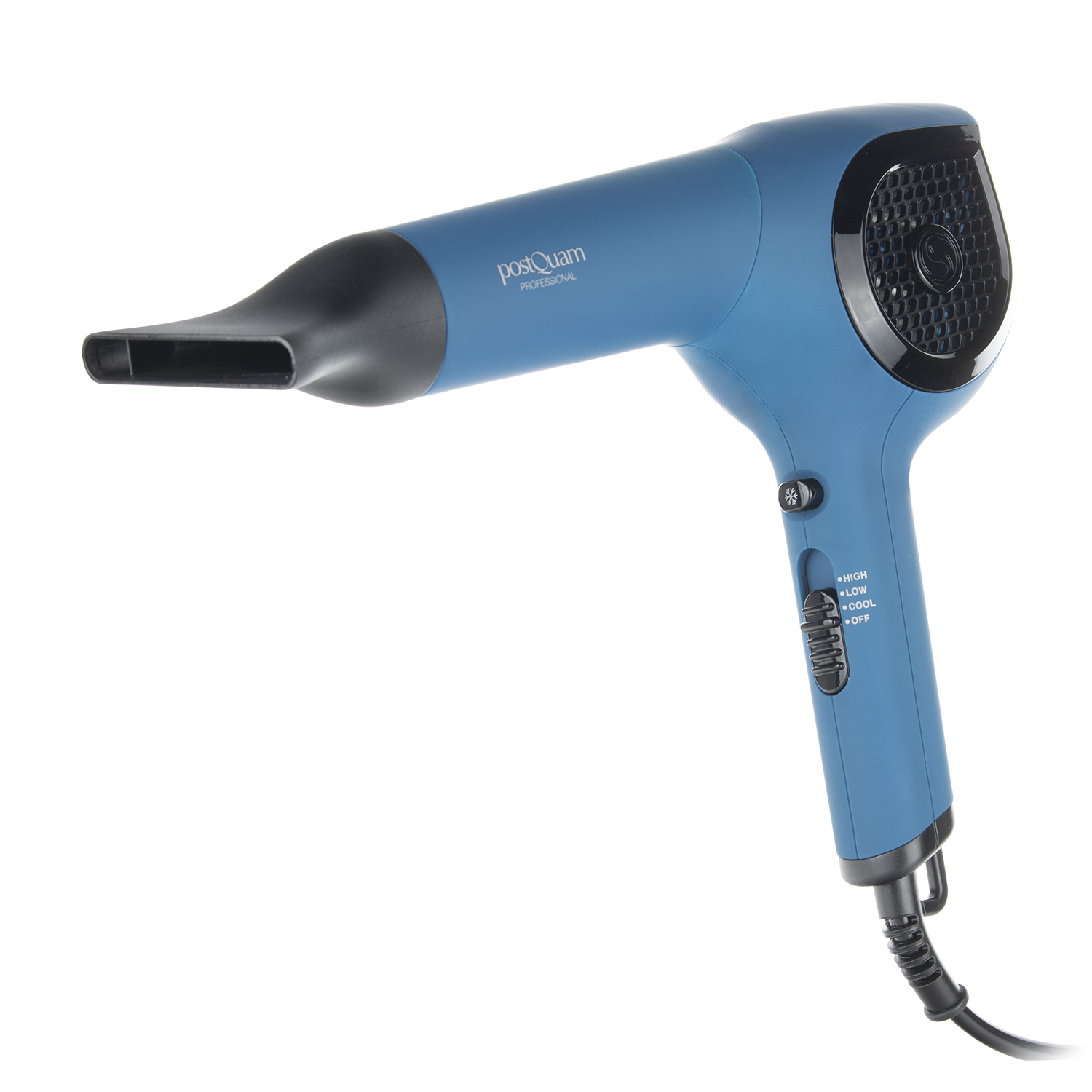 Niebieska suszarka do włosów na białym tle. Z czarnymi akcentami i czarnym kablem.