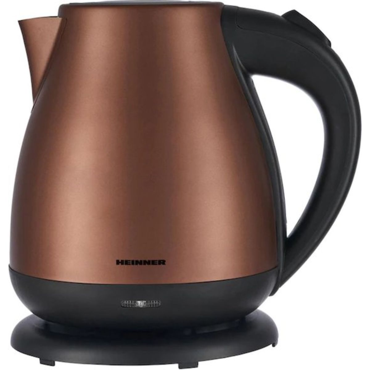 A copper-colored electric kettle with a black base and handle, with the word "HEINNER" on the side.