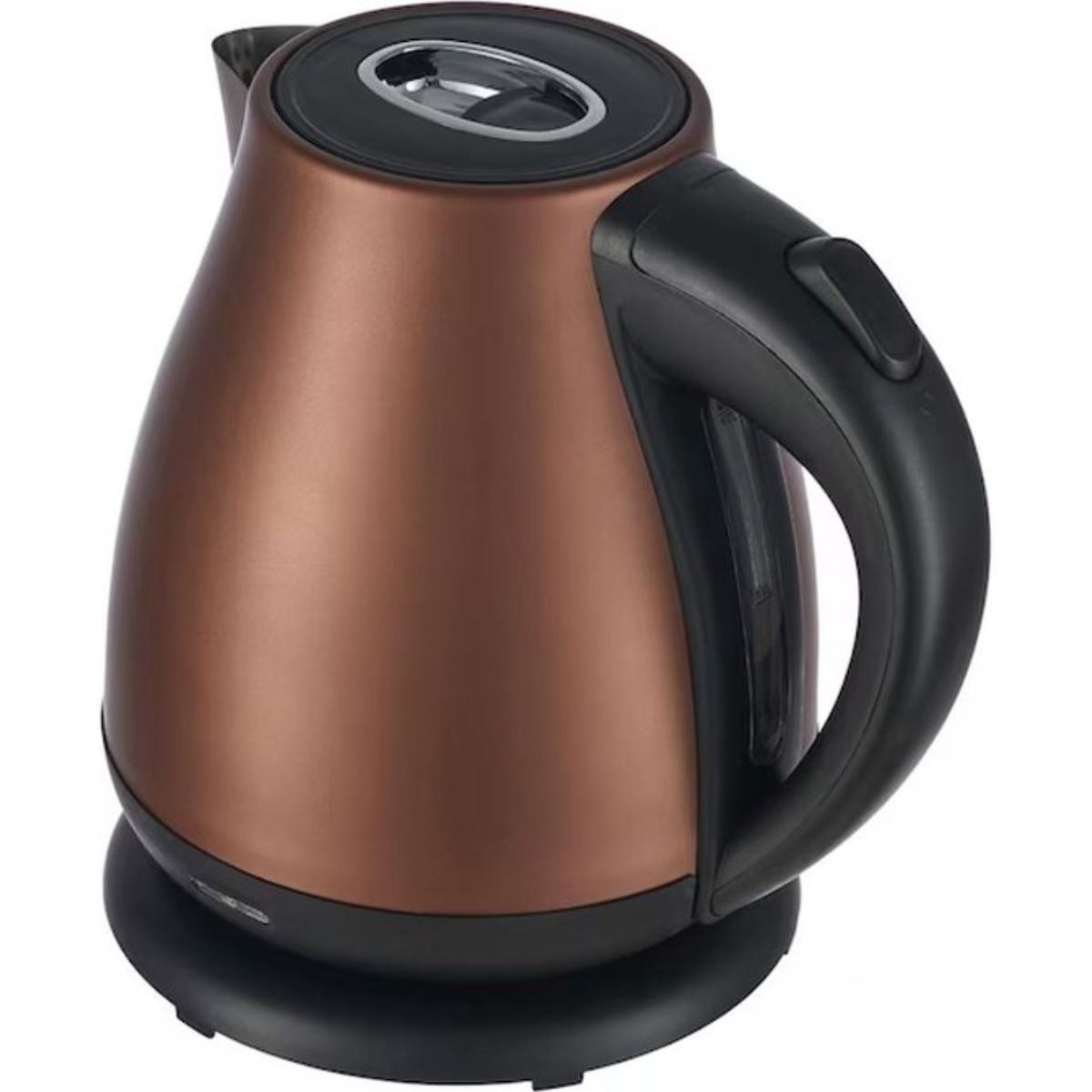 A bronze-colored electric kettle with a black handle and base, isolated on a white background.