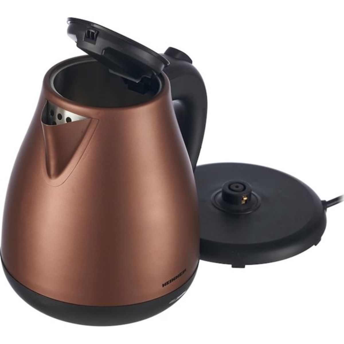 Copper-colored electric kettle with lid open, black base and handle, on a white background.