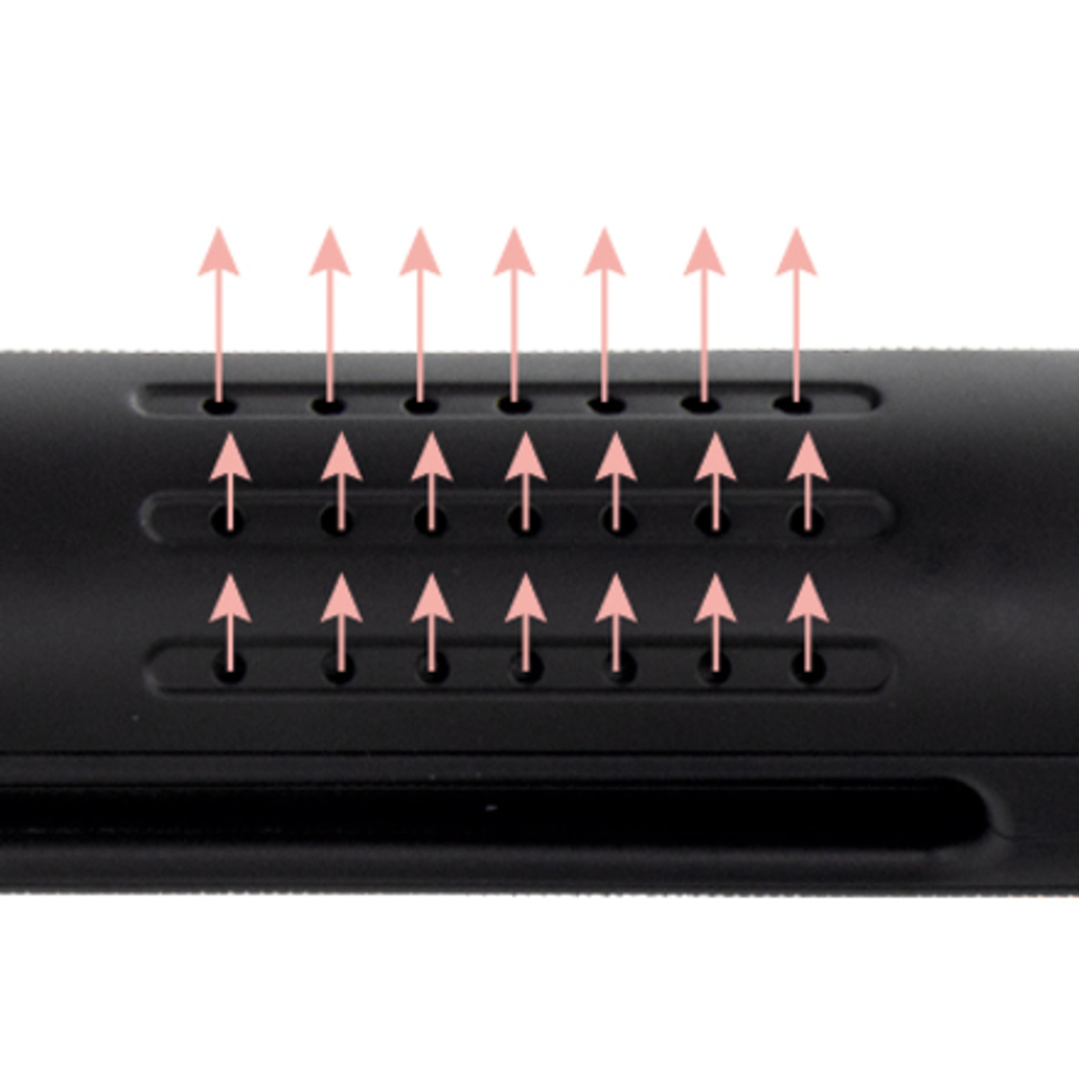 Zbliżenie czarnej maszyny z trzema rzędami otworów i różowymi ilustracjami strzałek.