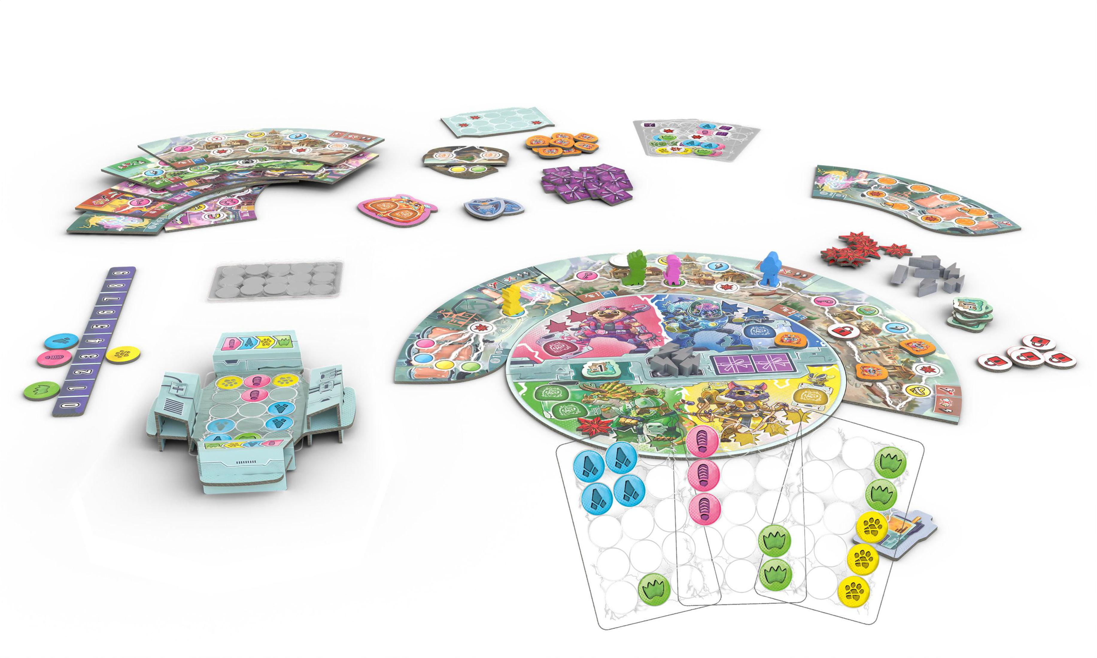 Brettspiel mit verschiedenen Komponenten, darunter Bretter, Karten und farbige Spielsteine.