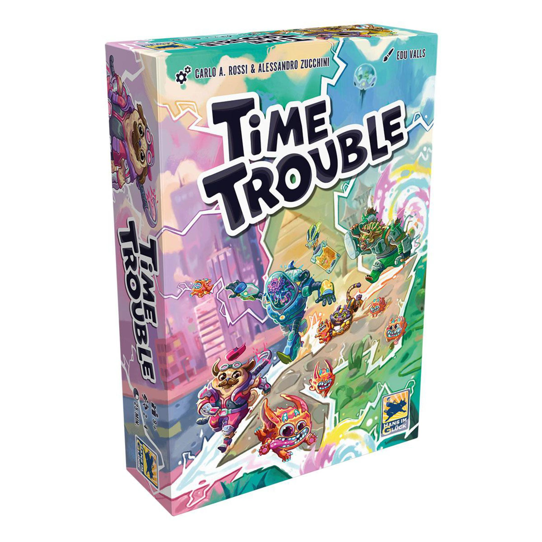 Eine Brettspielbox mit dem Titel „Time Trouble“ mit bunten Zeichentrickfiguren. Enthält den Spieltitel und die Ersteller des Spiels.