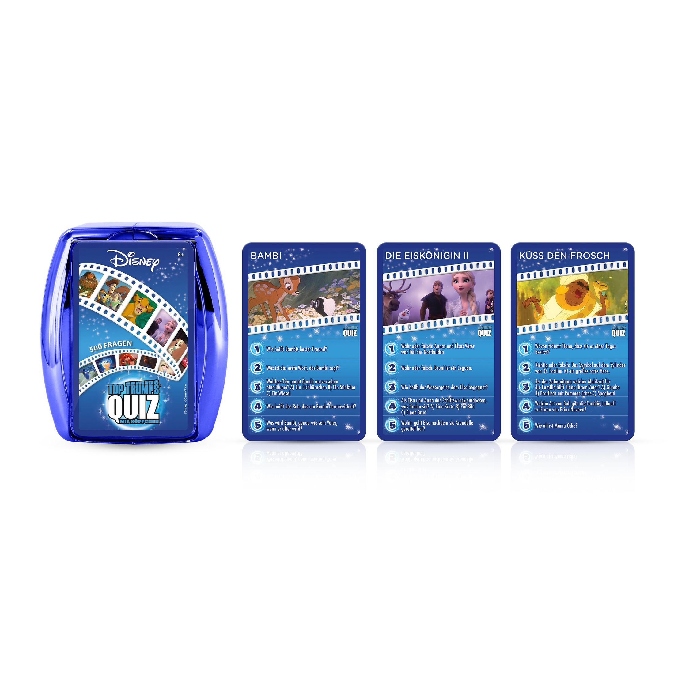 Une boîte bleue avec des cartes de trivia de films Disney. La boîte montre des extraits de Bambi, La Reine des neiges et La Princesse et la Grenouille.