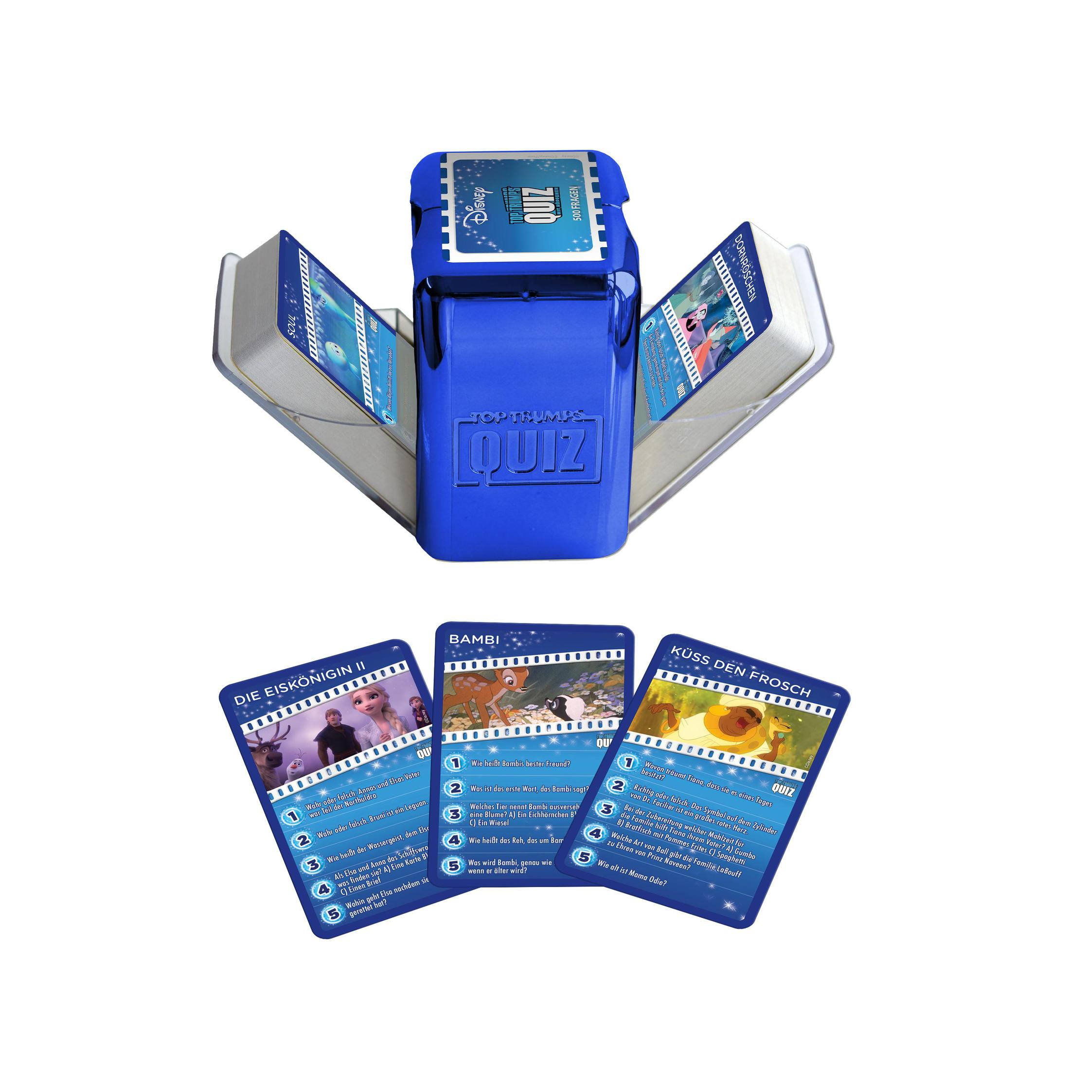 Boîte de jeu bleue avec des cartes représentant des personnages Disney, dont Elsa, Bambi et le Prince Grenouille.