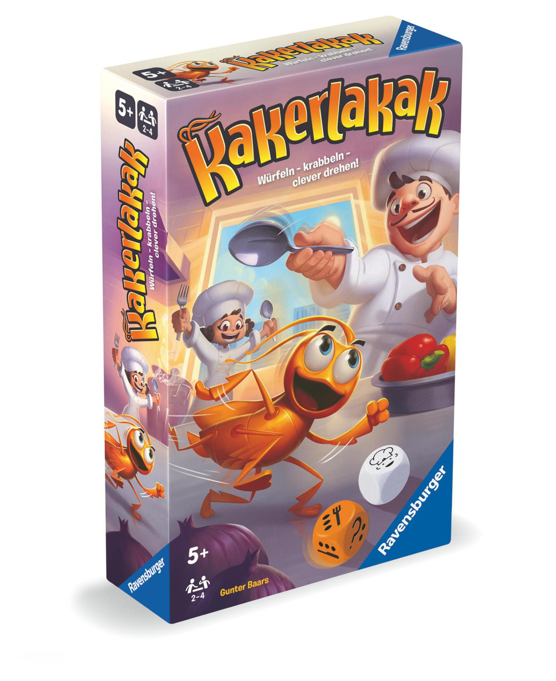 Eine Spielbox mit Cartoon-Koch, Kakerlake, Würfeln und Lebensmitteln. Die Box ist weiß.
