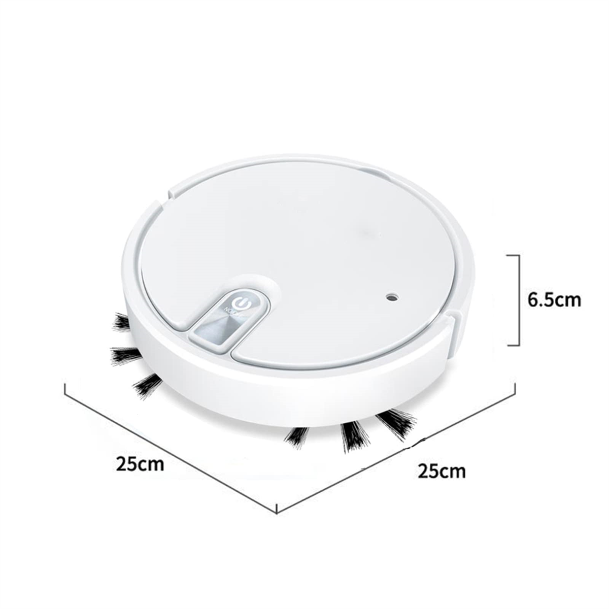 Ein weißer, runder Roboter-Staubsauger mit schwarzen Bürsten. Die Abmessungen sind 25x25x6,5cm.