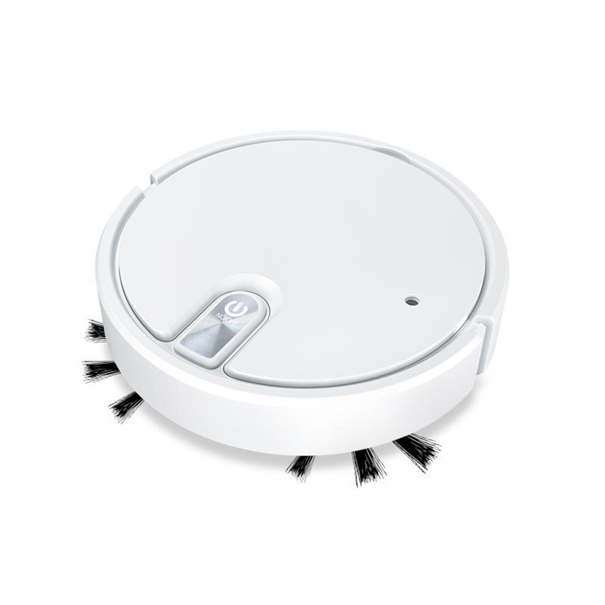 Ein weißer, runder Roboter-Staubsauger mit Bürsten und einem Ein-/Ausschalter.