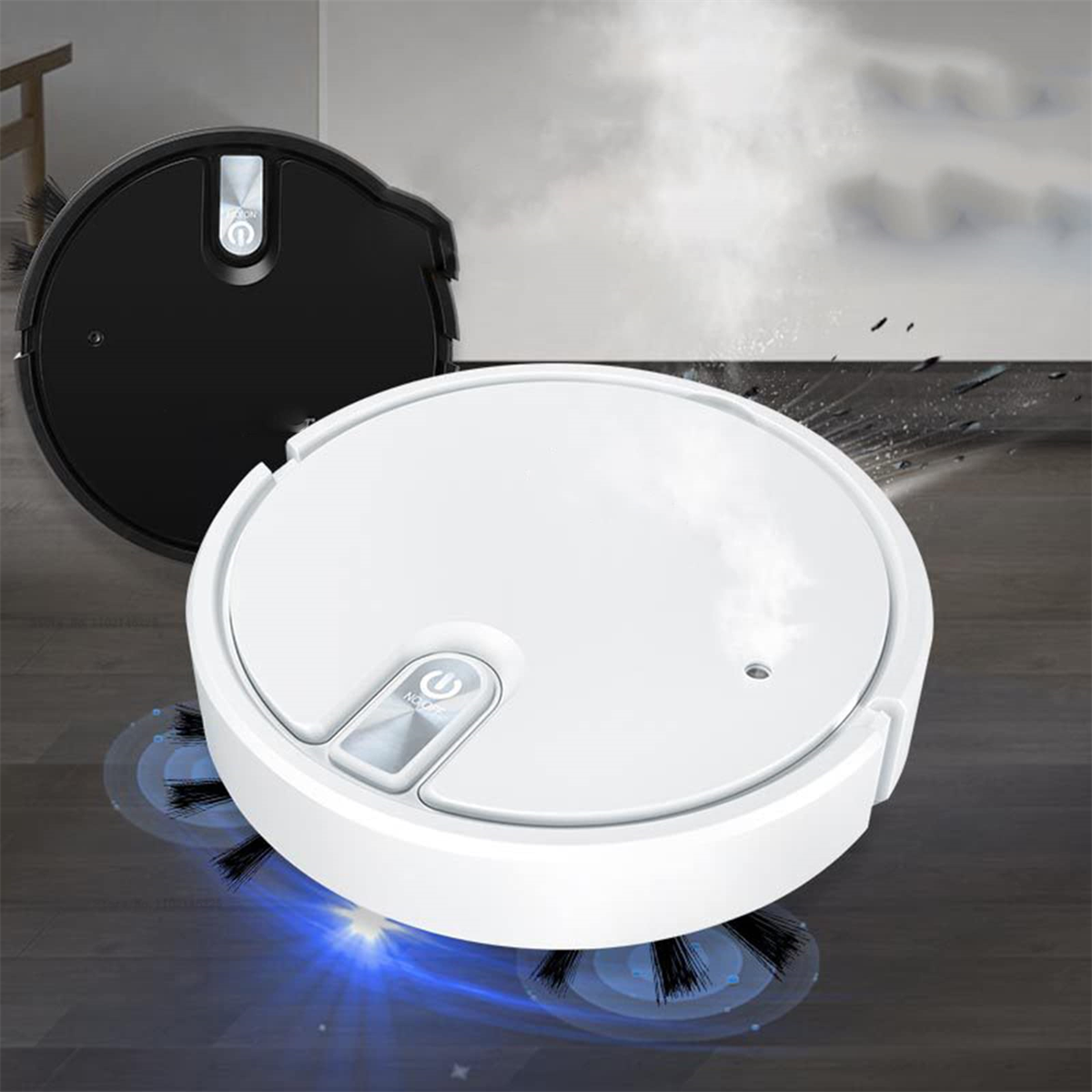Zwei Roboter-Staubsauger, einer schwarz und einer weiß, reinigen einen braunen Holzboden.