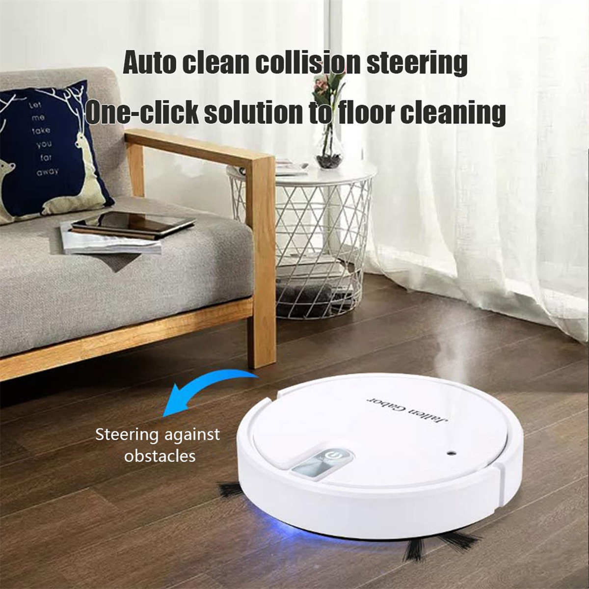 Weißer Roboter-Staubsauger auf Holzboden. Text: Auto Clean Collision Steering und One-Click-Lösung.