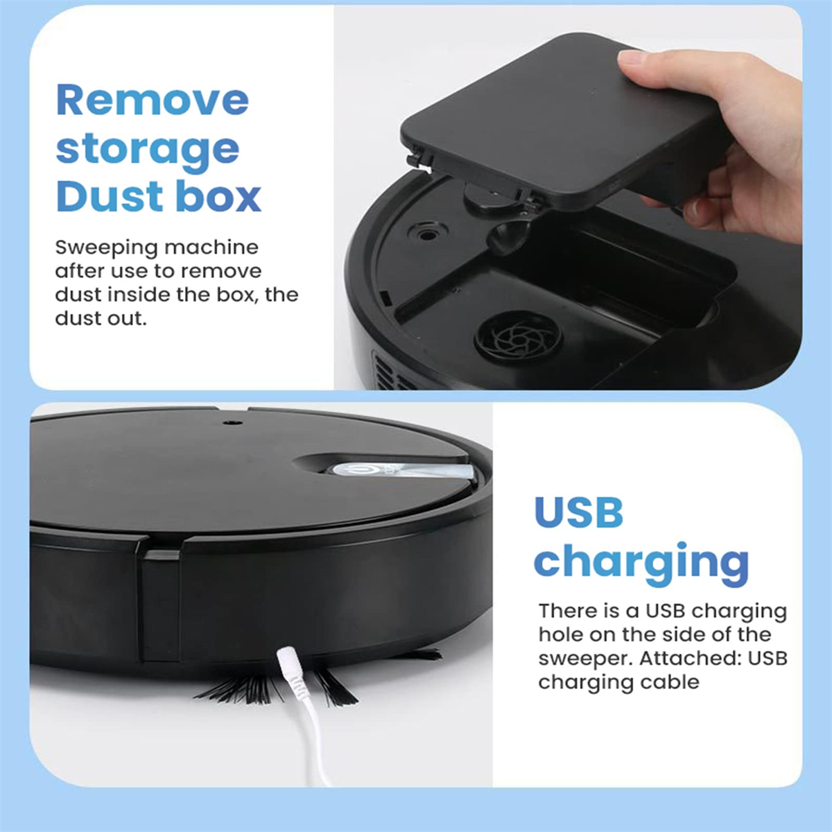 Diagramm eines Roboter-Staubsaugers. Zeigt, wie man den Staubbehälter entfernt und USB lädt.