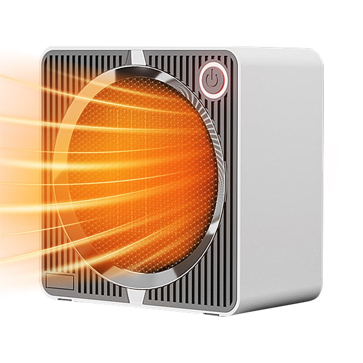 Ein weiß-grauer elektrischer Heizlüfter mit orangefarbenem Heizelement.