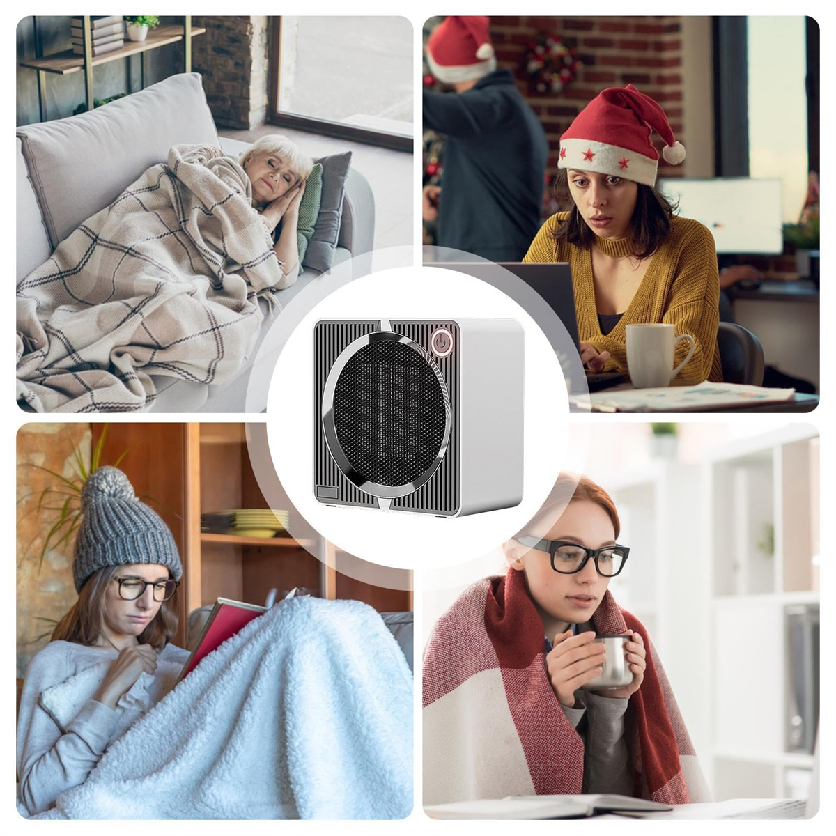 Vier Bilder: Person im Bett, Person am Computer, Person mit Buch, Person mit Becher und Decke.