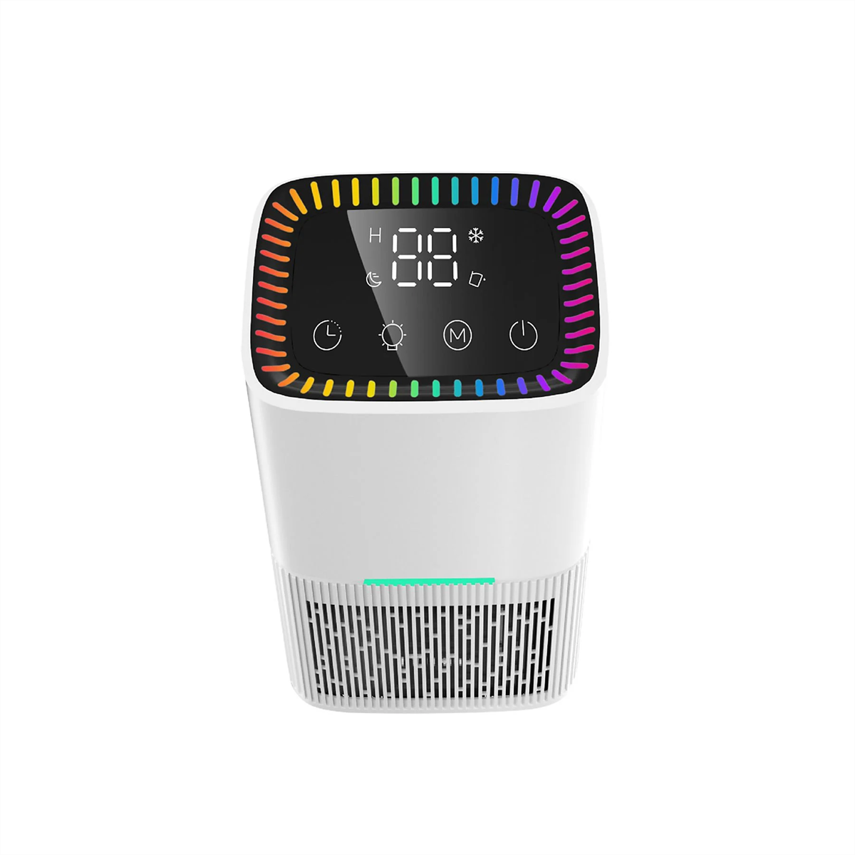 Weißer Luftreiniger mit farbenfrohem LED-Ring und Digitalanzeige mit Zahlen.
