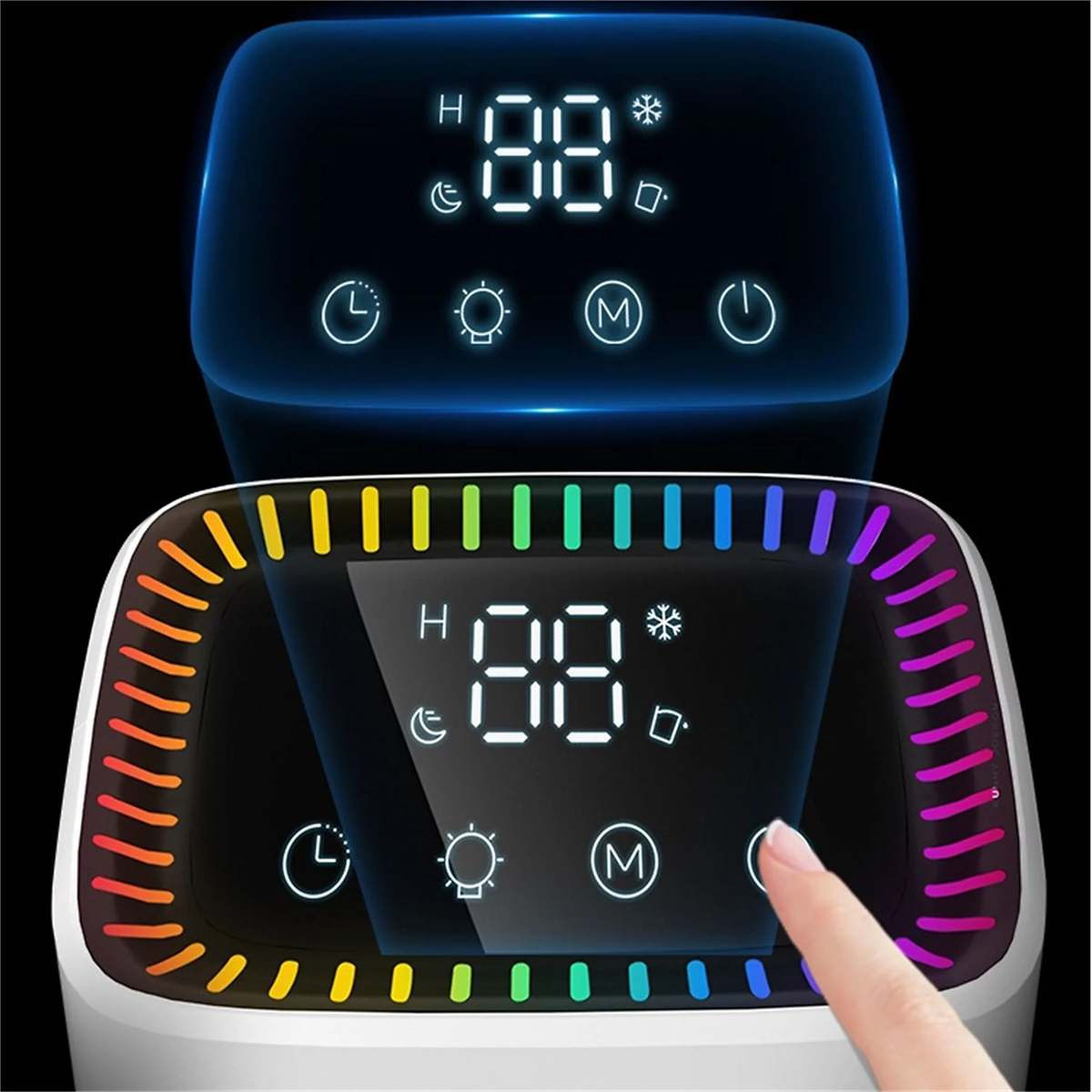 Zwei digitale Displays mit Temperatur und Einstellungen. Ein Finger berührt eine Taste.