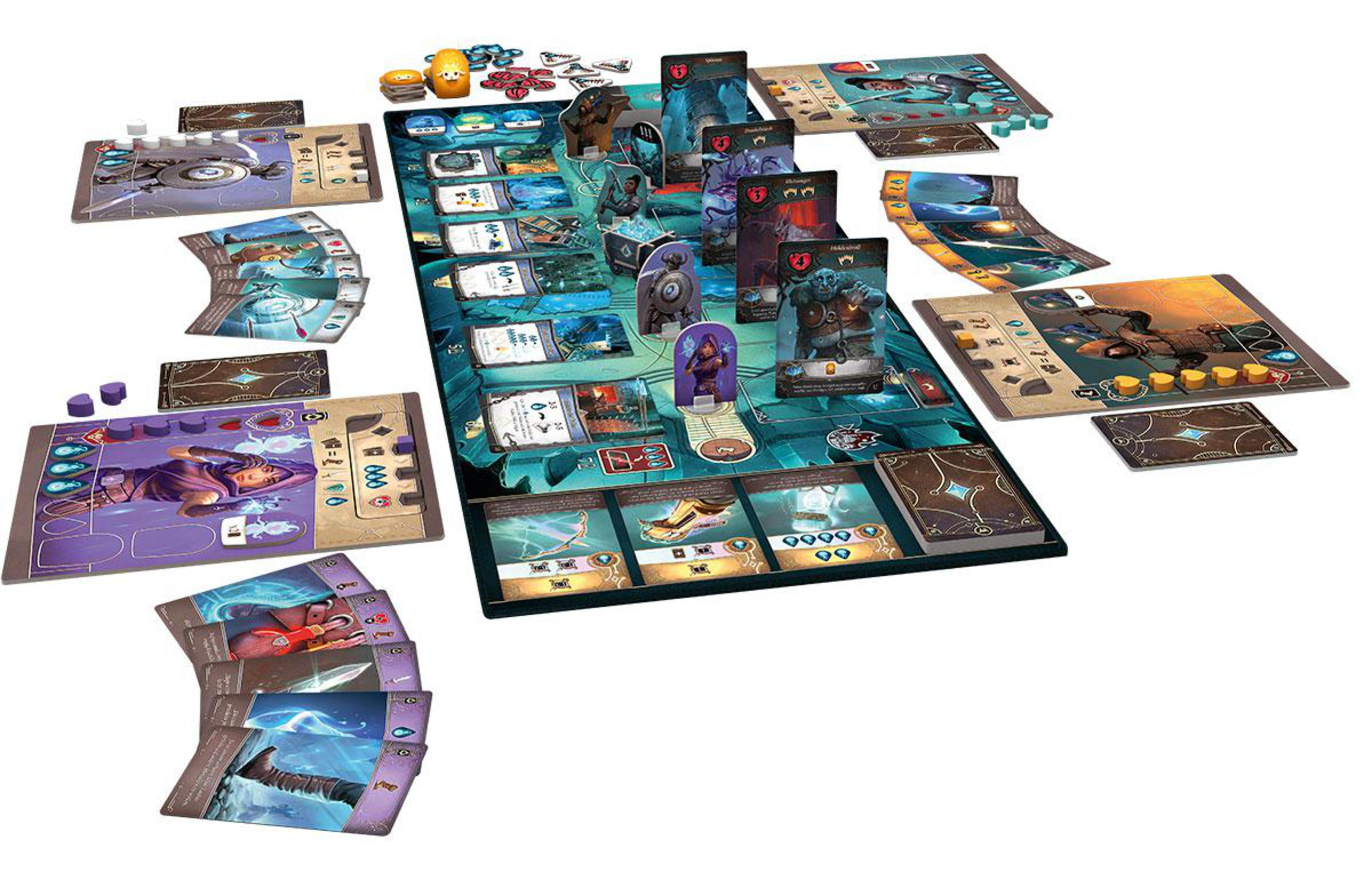 Ein Brettspiel mit verschiedenen Karten, Spielsteinen und einem Spielbrett, das eine Unterwasserszene darstellt.