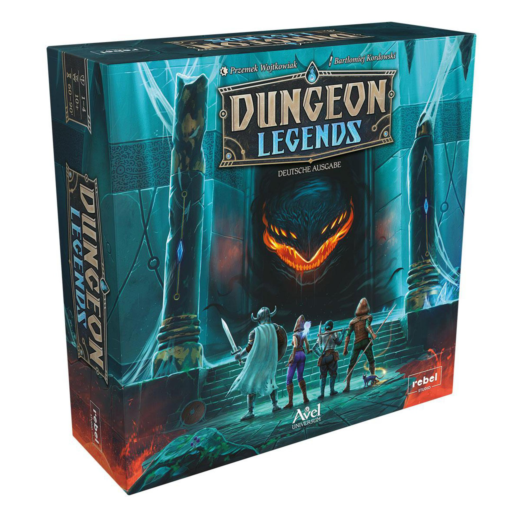 Brettspielbox mit Fantasy-Kunst von Charakteren und einem Drachenmaul.
