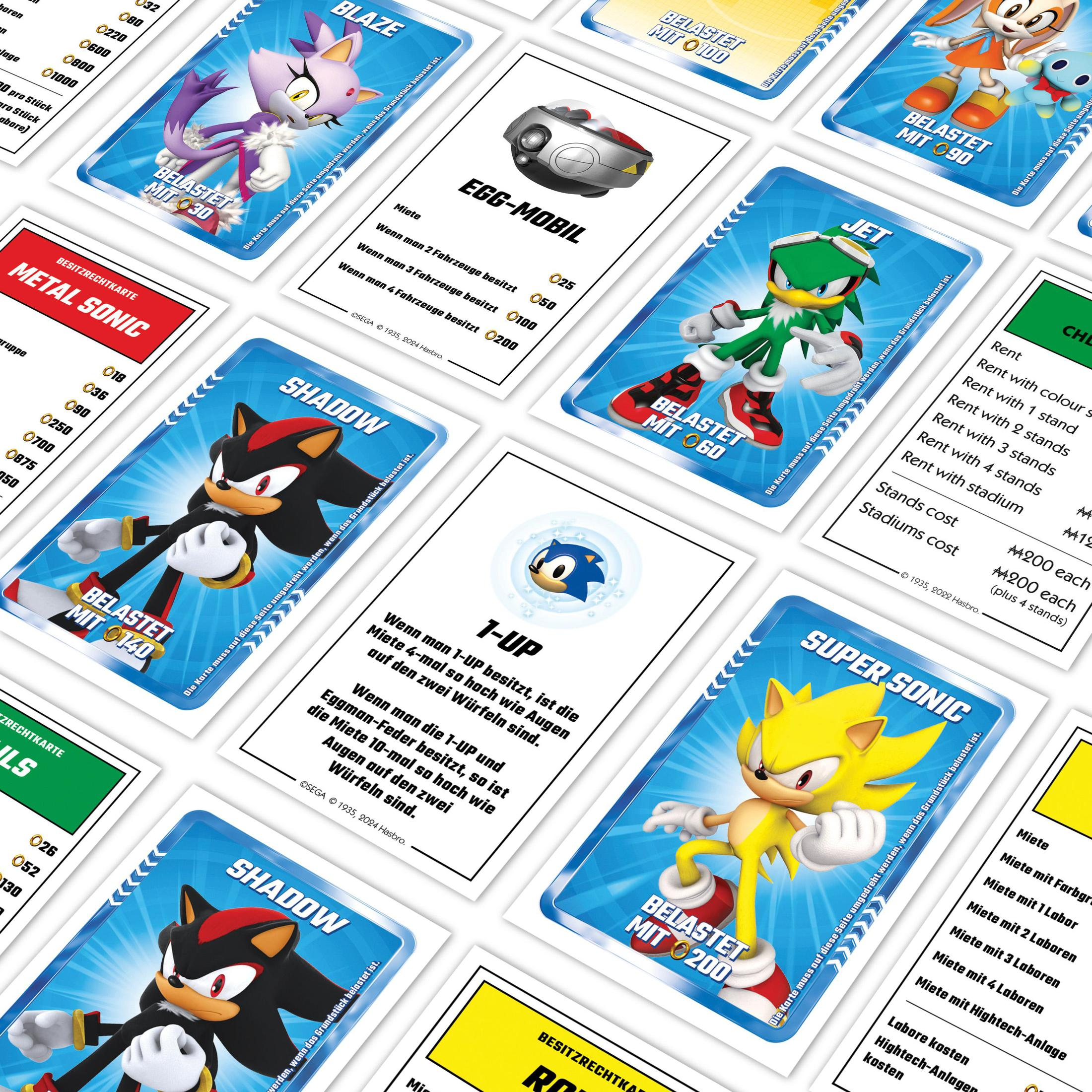 Eine Sammlung von Sonic the Hedgehog Sammelkarten mit verschiedenen Charakteren und Spielelementen.