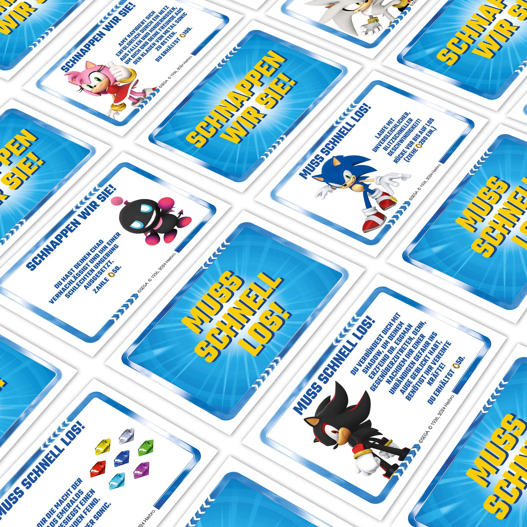 Karten mit Sonic-Charakteren und deutschem Text sind verstreut.