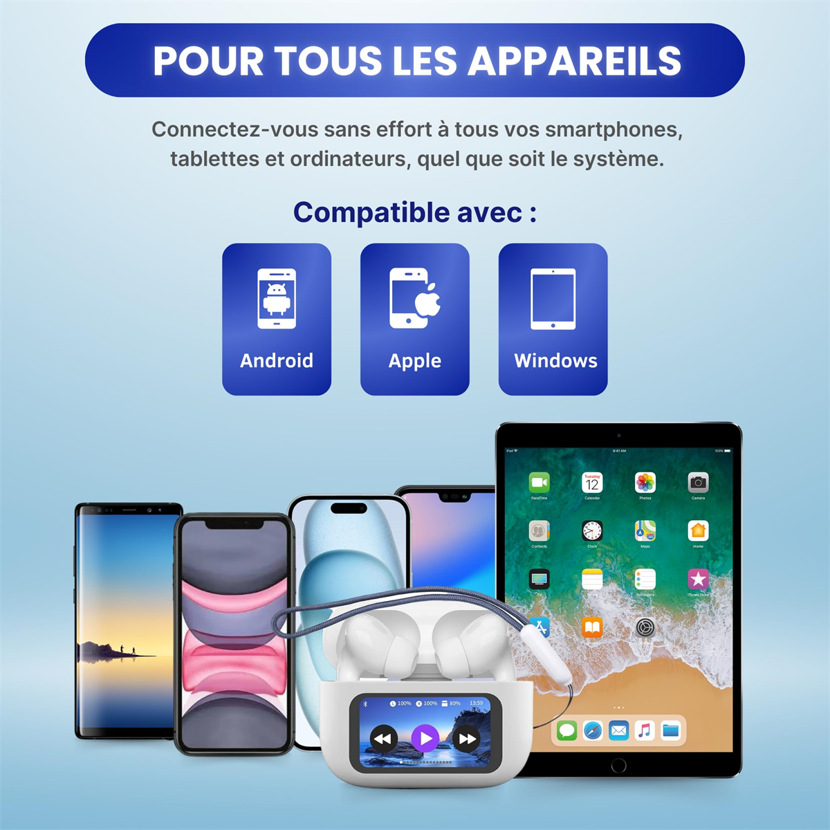 Bild mit Handys, Tablets und Ohrhörern, mit Logos für Android, Apple und Windows.