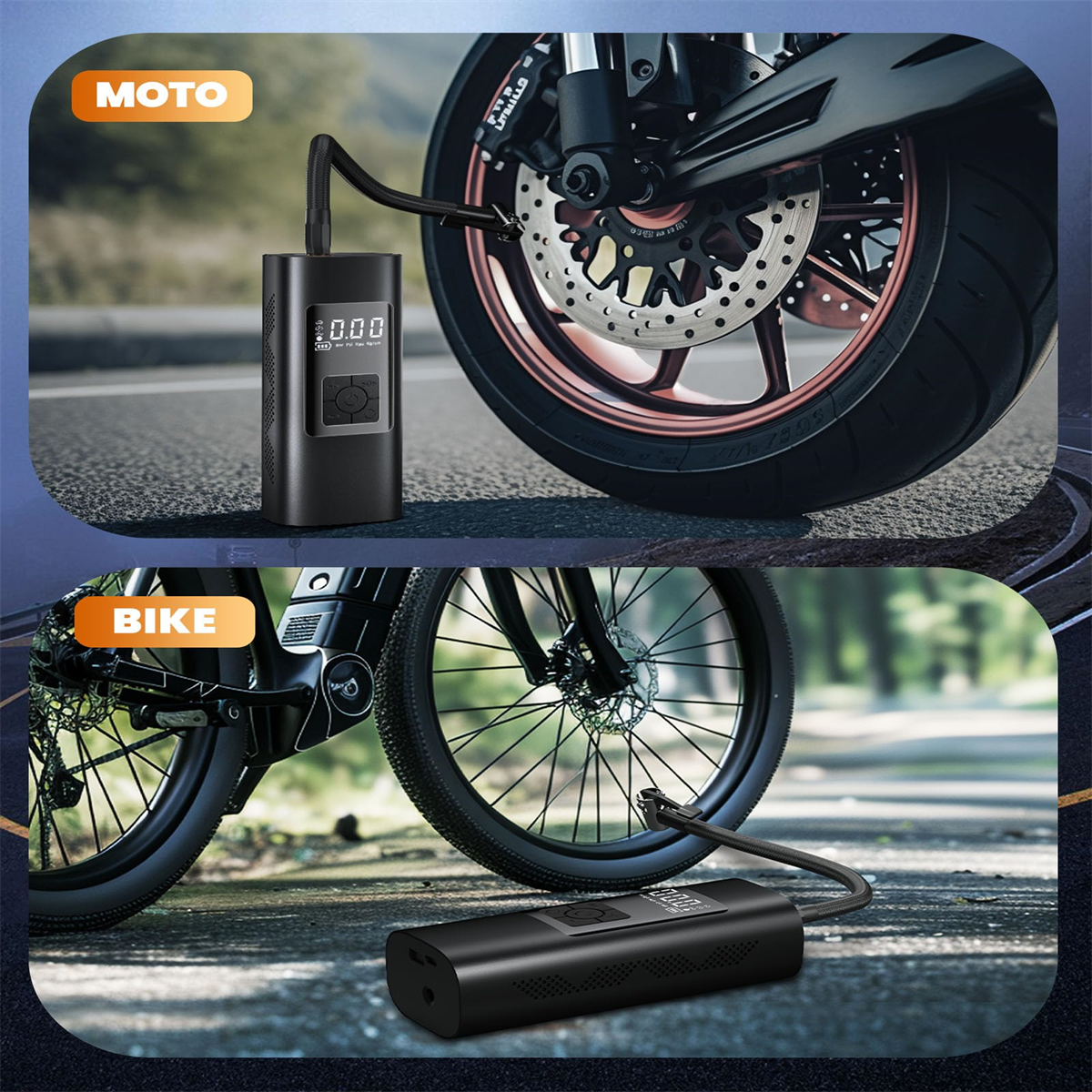 Zwei Bilder eines schwarzen tragbaren Reifenfüllers für Motorrad und Fahrrad.