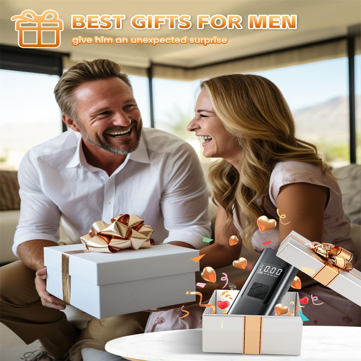 Mann und Frau lachen mit Geschenken. Der Text lautet "Beste Geschenke für Männer". Eine Geschenkbox und ein schwarzes Geschenk.