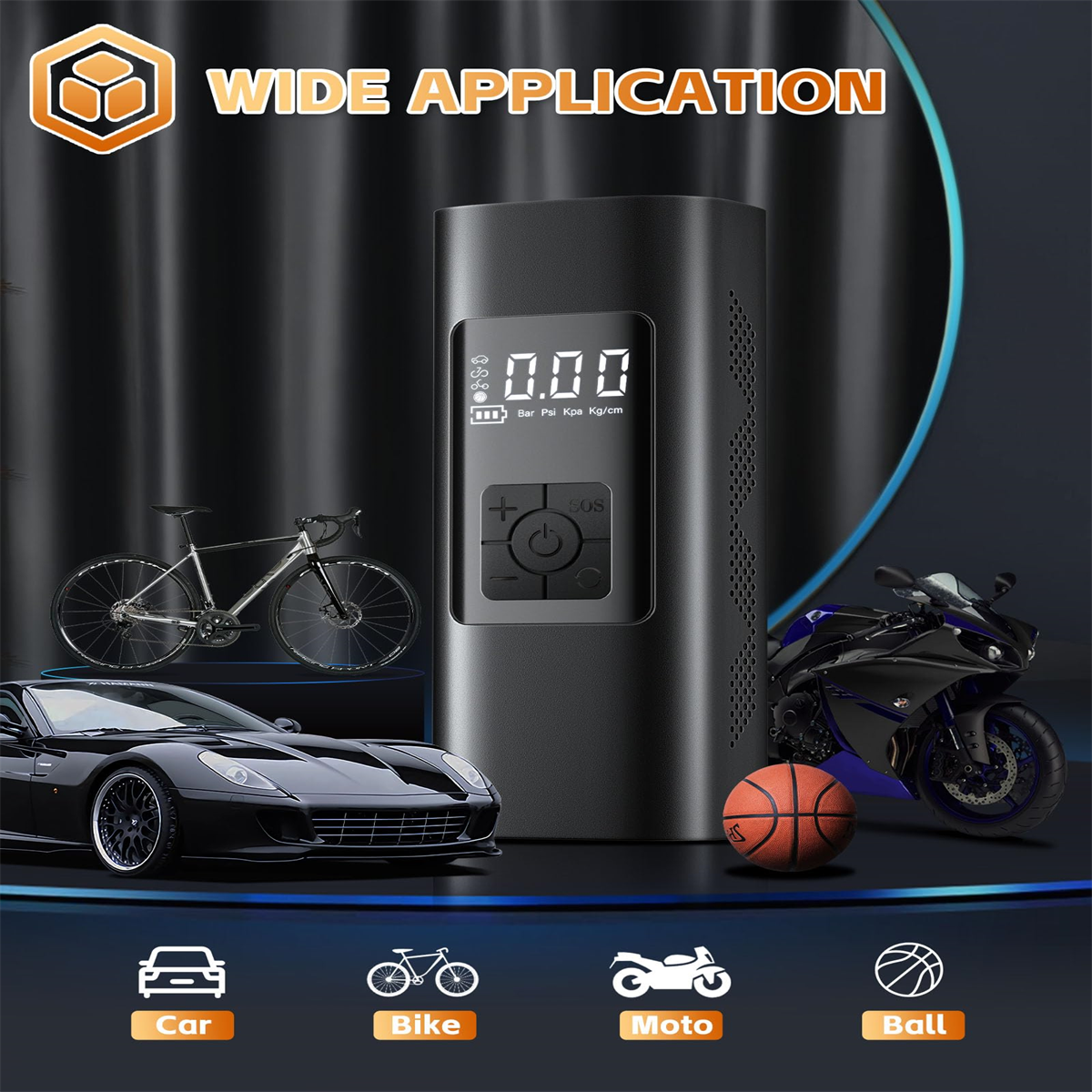 Schwarze Luftpumpe mit Display, Fahrrad-, Auto- und Motorrad-Icons auf schwarzem Grund.