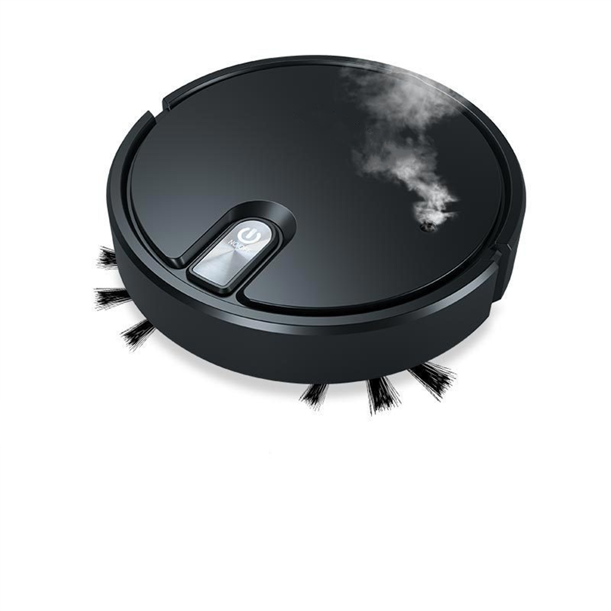 Ein schwarzer, runder Roboter-Staubsauger, aus dem Dampf austritt. Er hat Bürsten und einen Einschaltknopf.