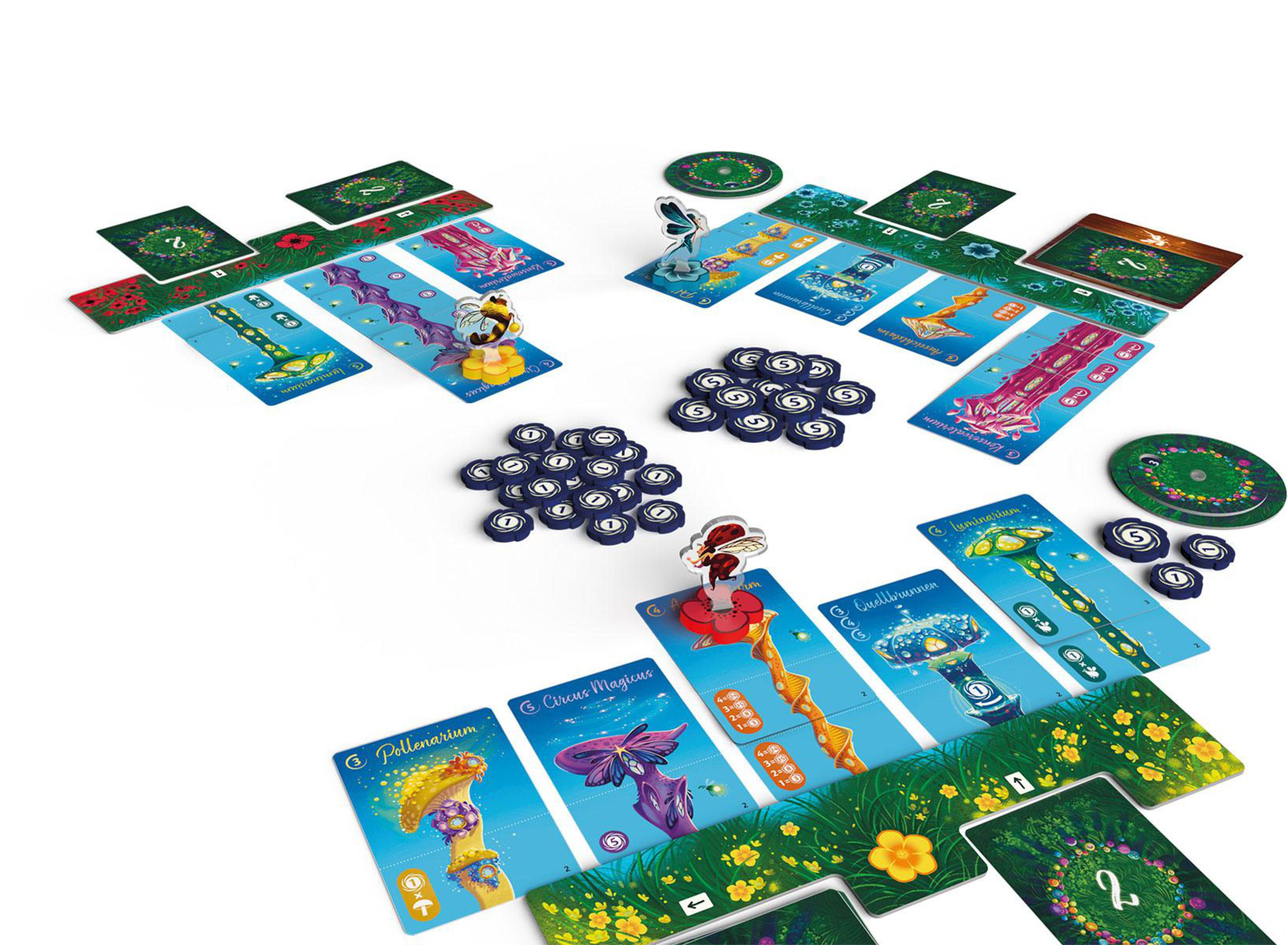 Brettspielkomponenten: Karten, Spielsteine, Spielbretter und Figuren mit farbenfrohen Designs.